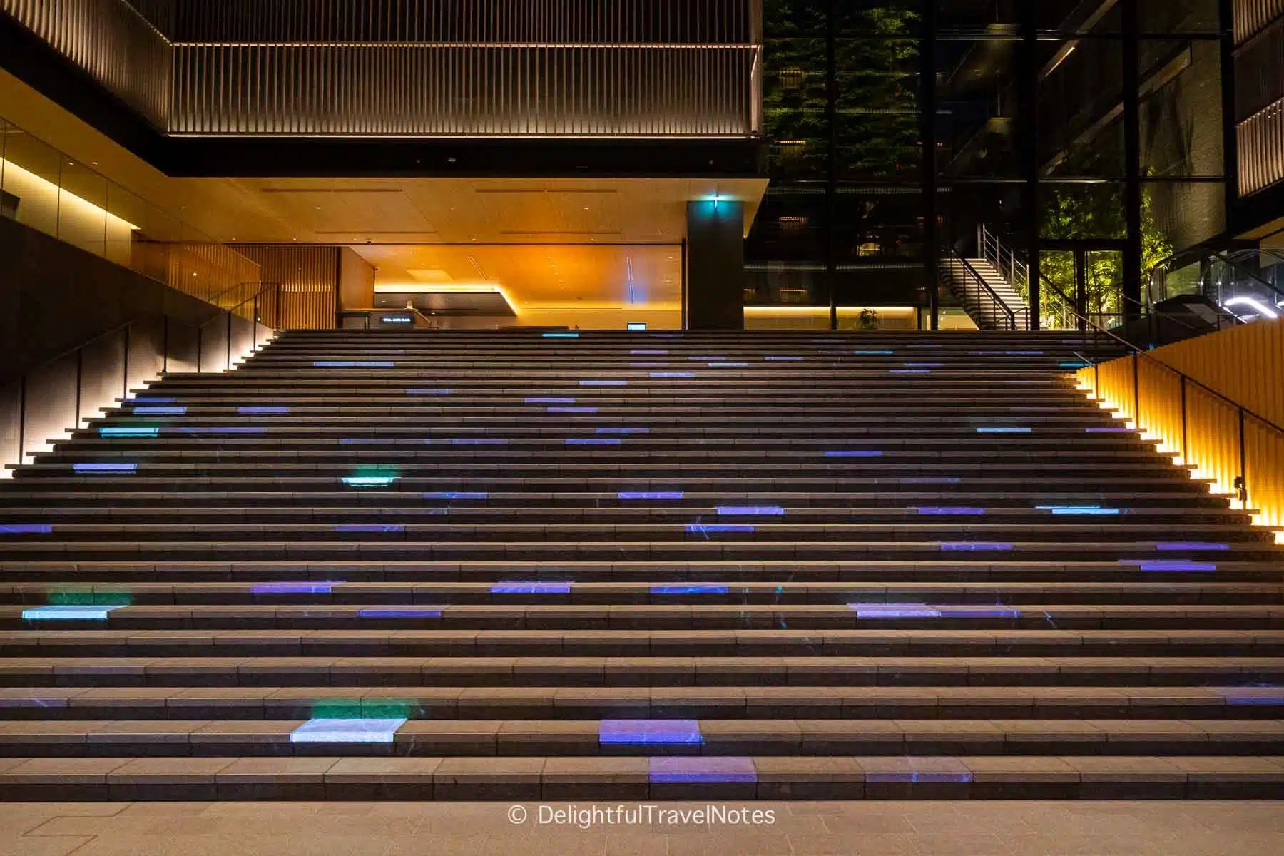 Light show on the grand staircase in The Thousand Kyoto hotel lobby.