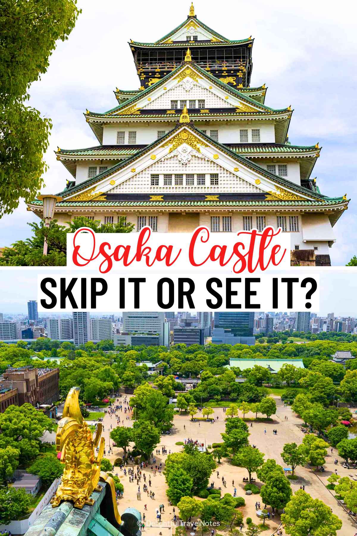 a collage of Osaka Castle tower and surrounding grounds.