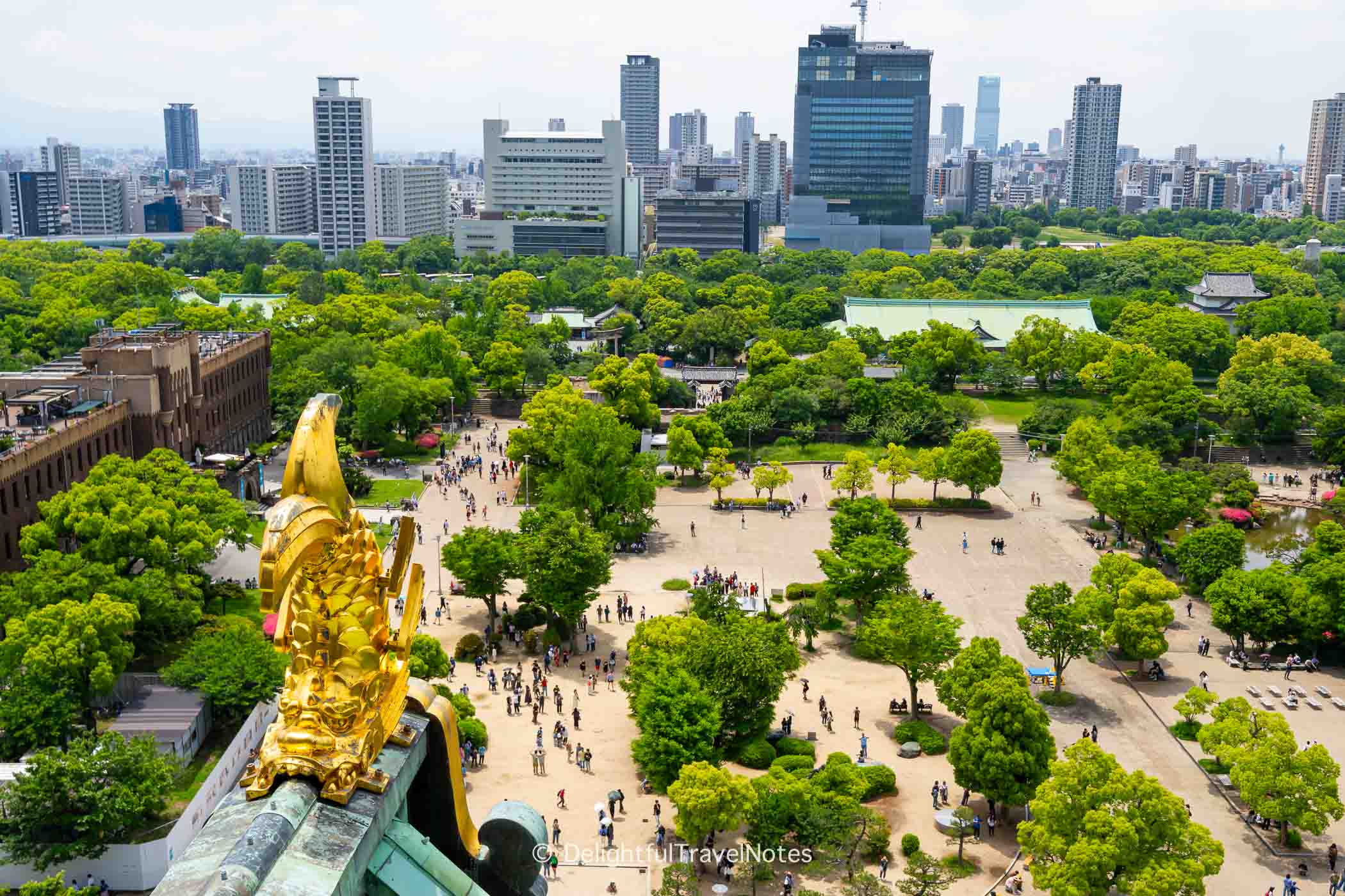 Panoramic views from 8th floor of Osaka Castle.