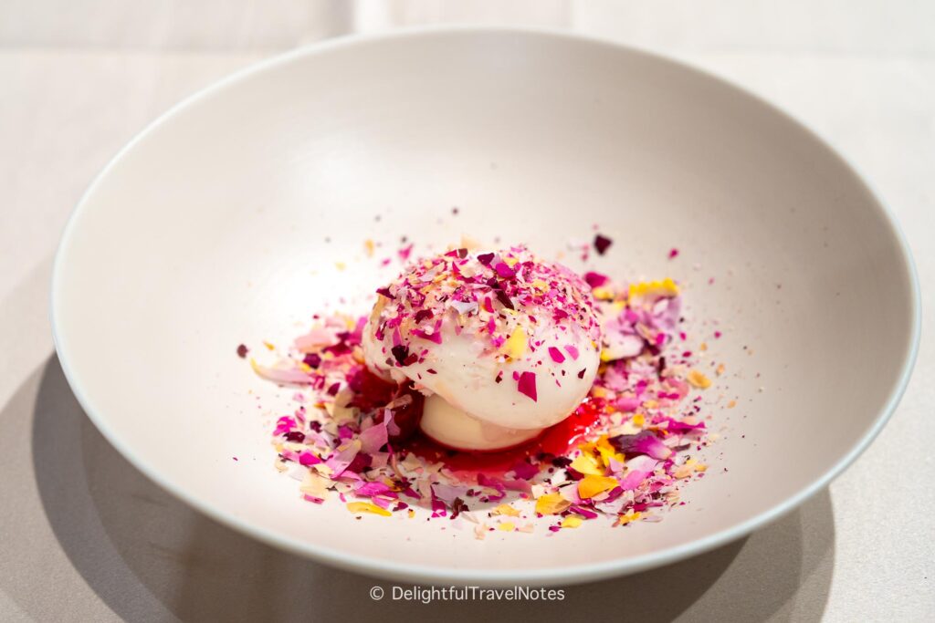 sorbet, meringue with rose petals in the dessert course at La Terrasse in Nara.