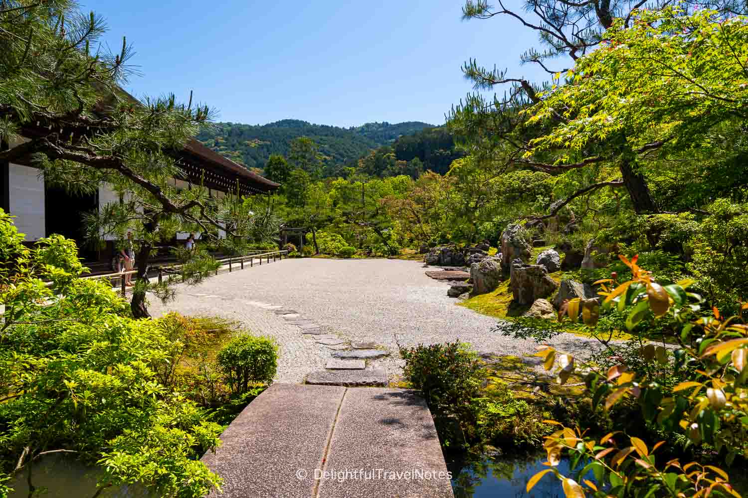 Side view of The Crane and Turtle Garden in Konchi-in with borrowed scenery of Higashiyama mountains.