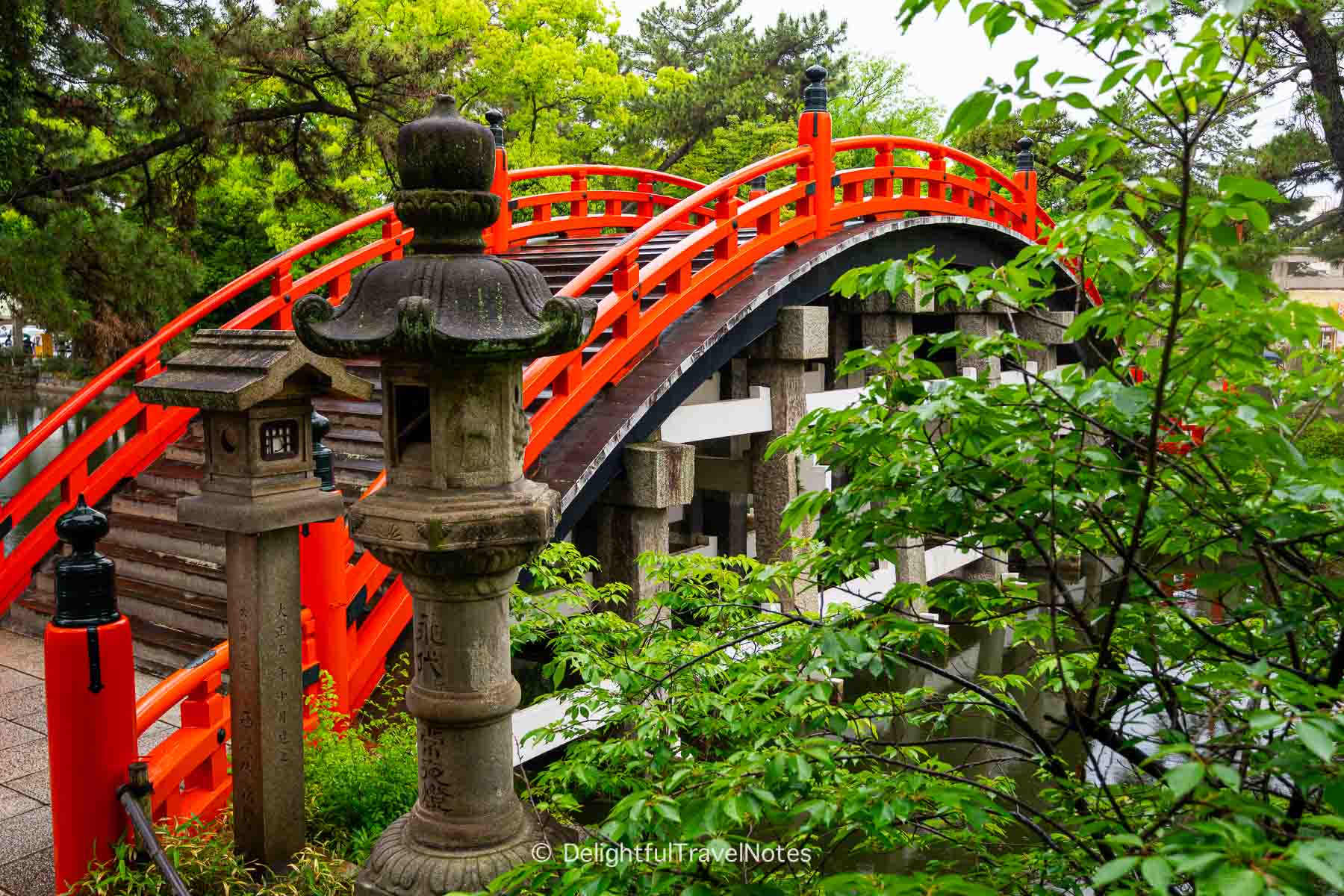 angle view of the steep arched bridge at Sumiyoshi Taisha.