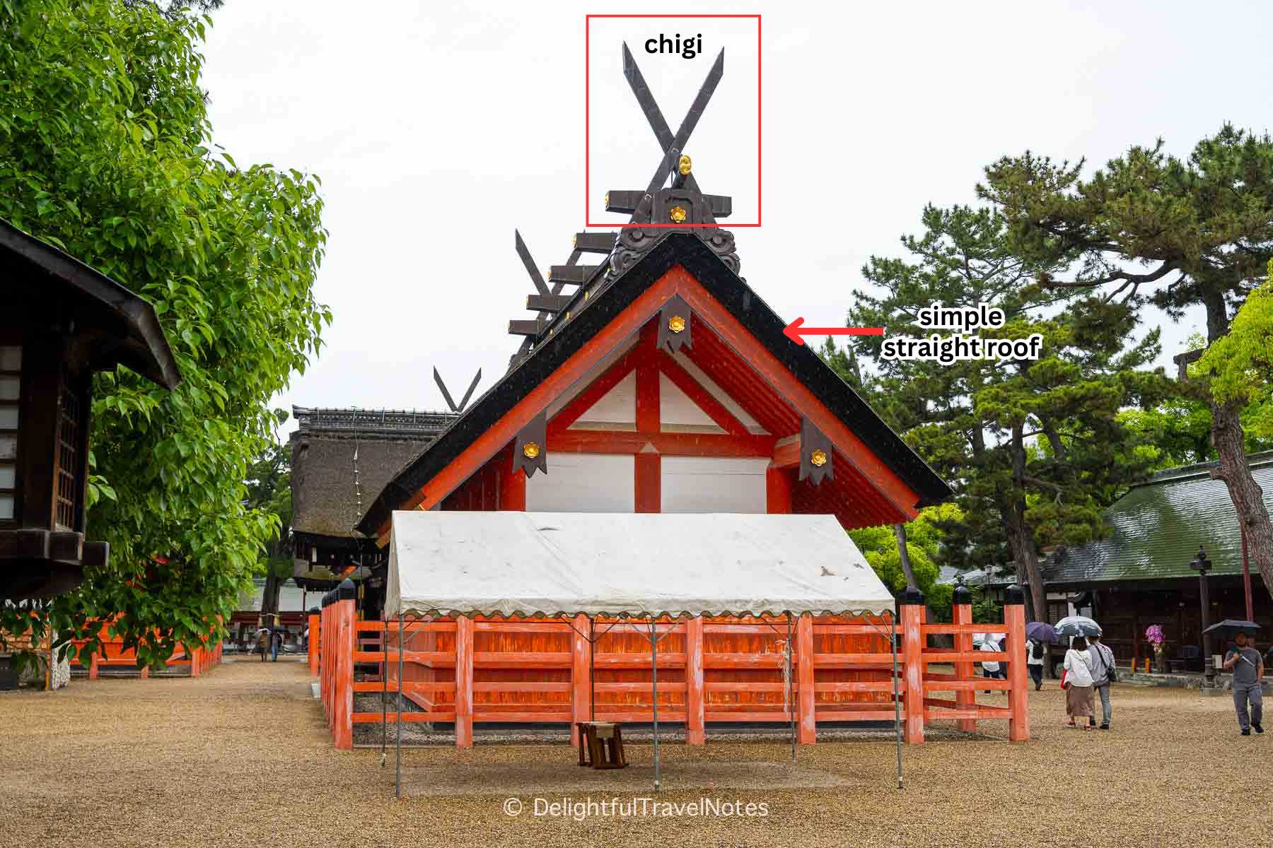 Sumiyoshi-zukuri architectural style seen in Sumiyoshi Taisha Osaka.