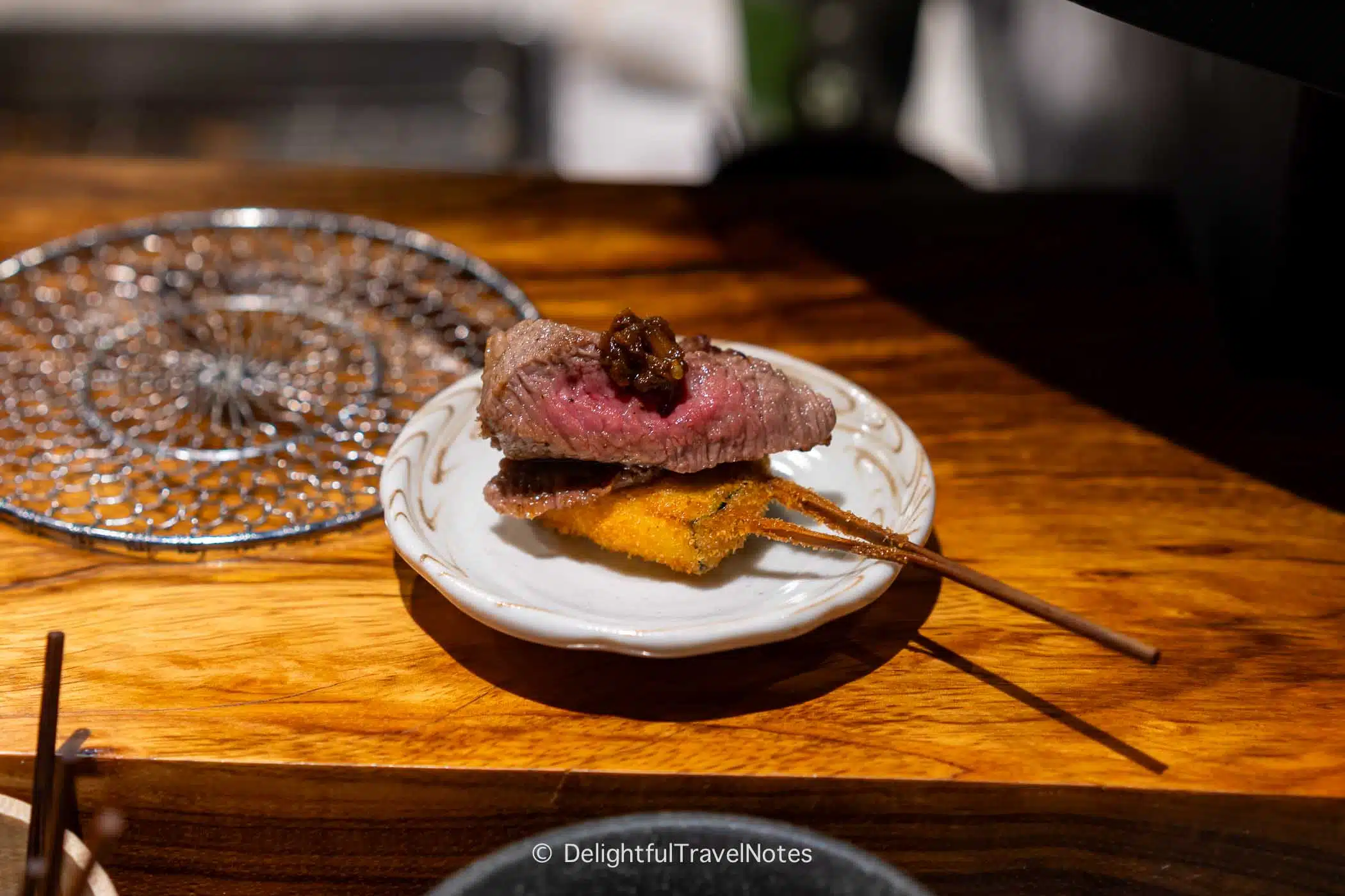 a zucchini and wagyu skewers at Kushiage Dan in Osaka.