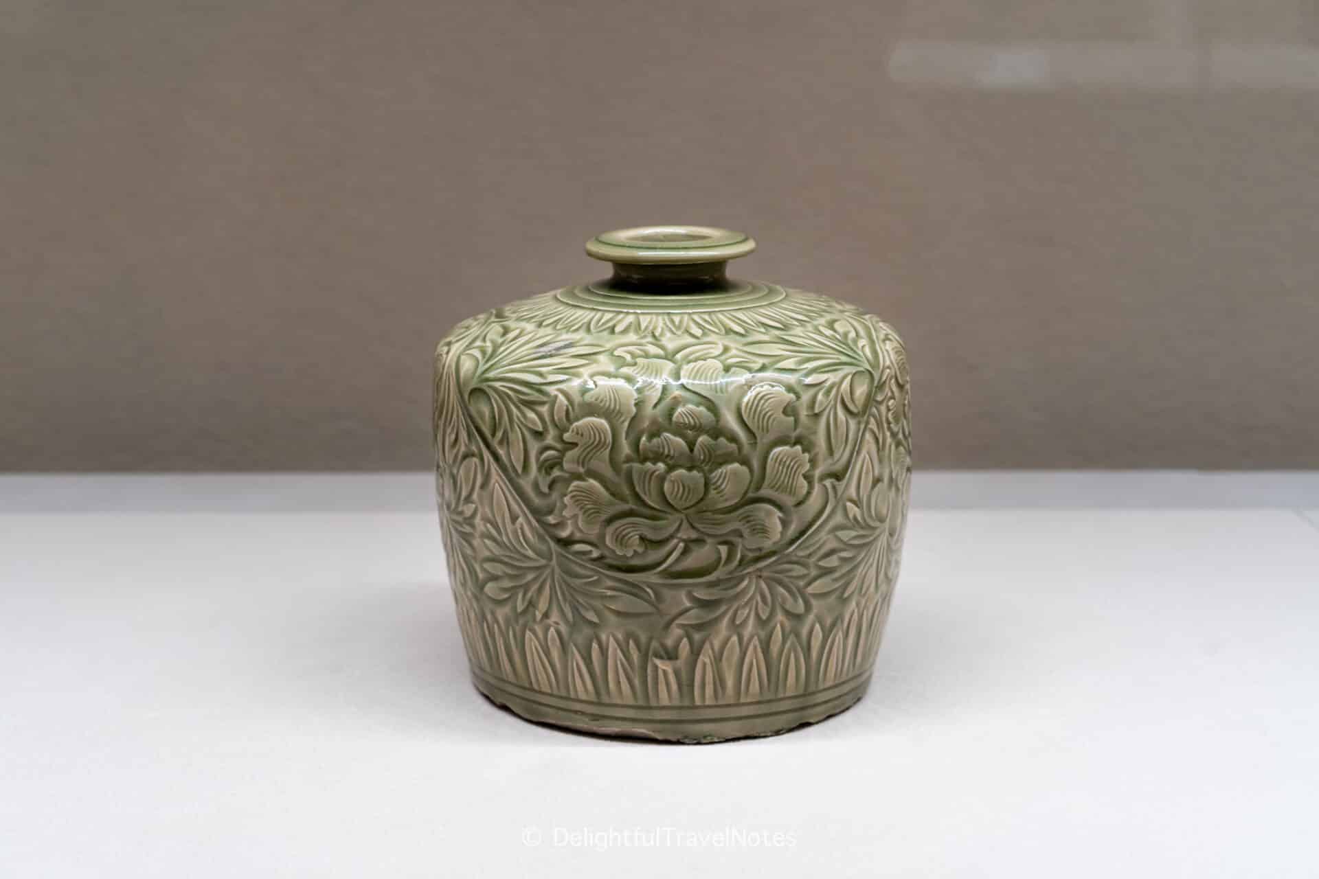 a celadon jar with floral motifs at the Museum of Oriental Ceramics in Osaka.