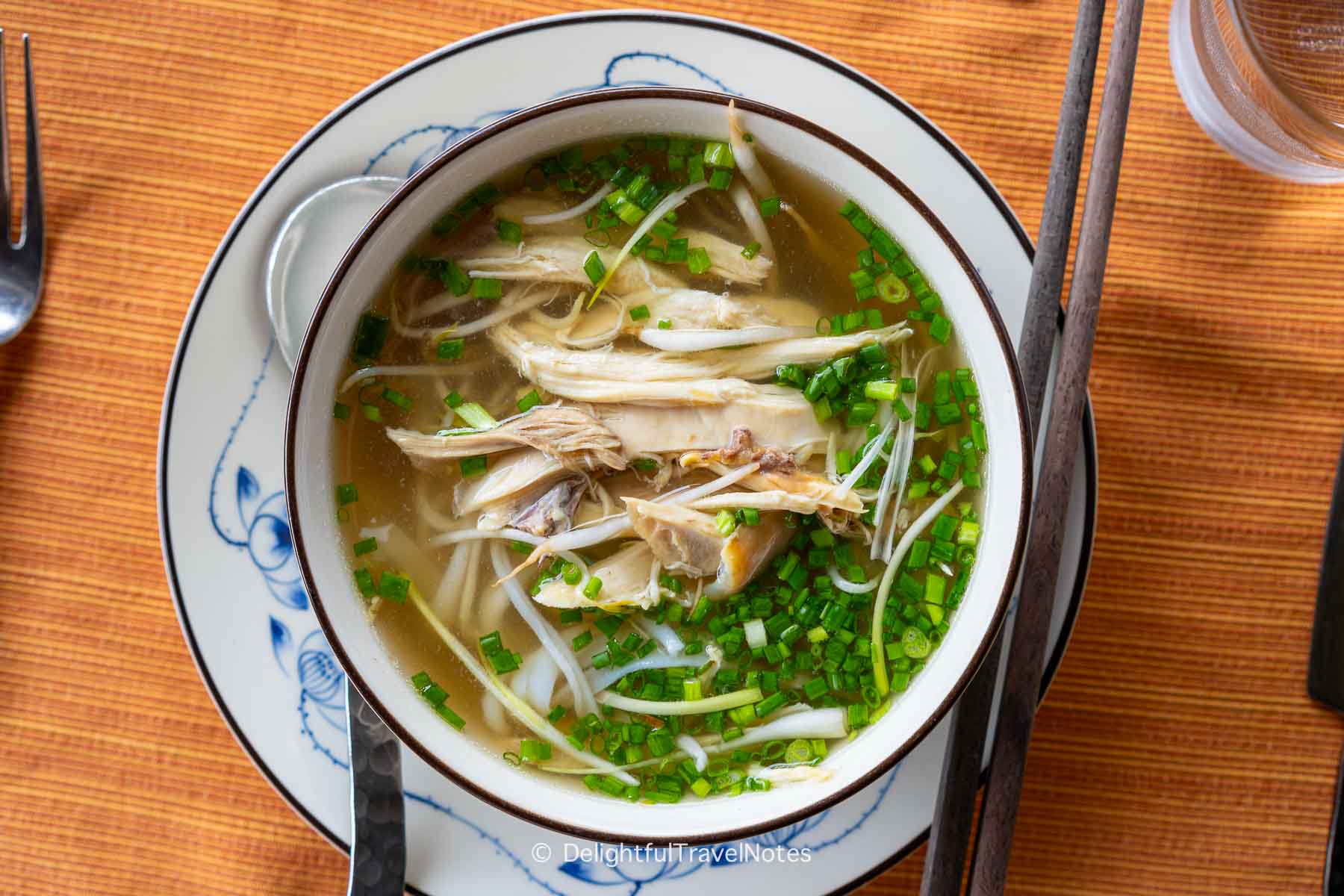 a bowl of chicken pho in breakfast buffet at Six Senses Ninh Van Bay.