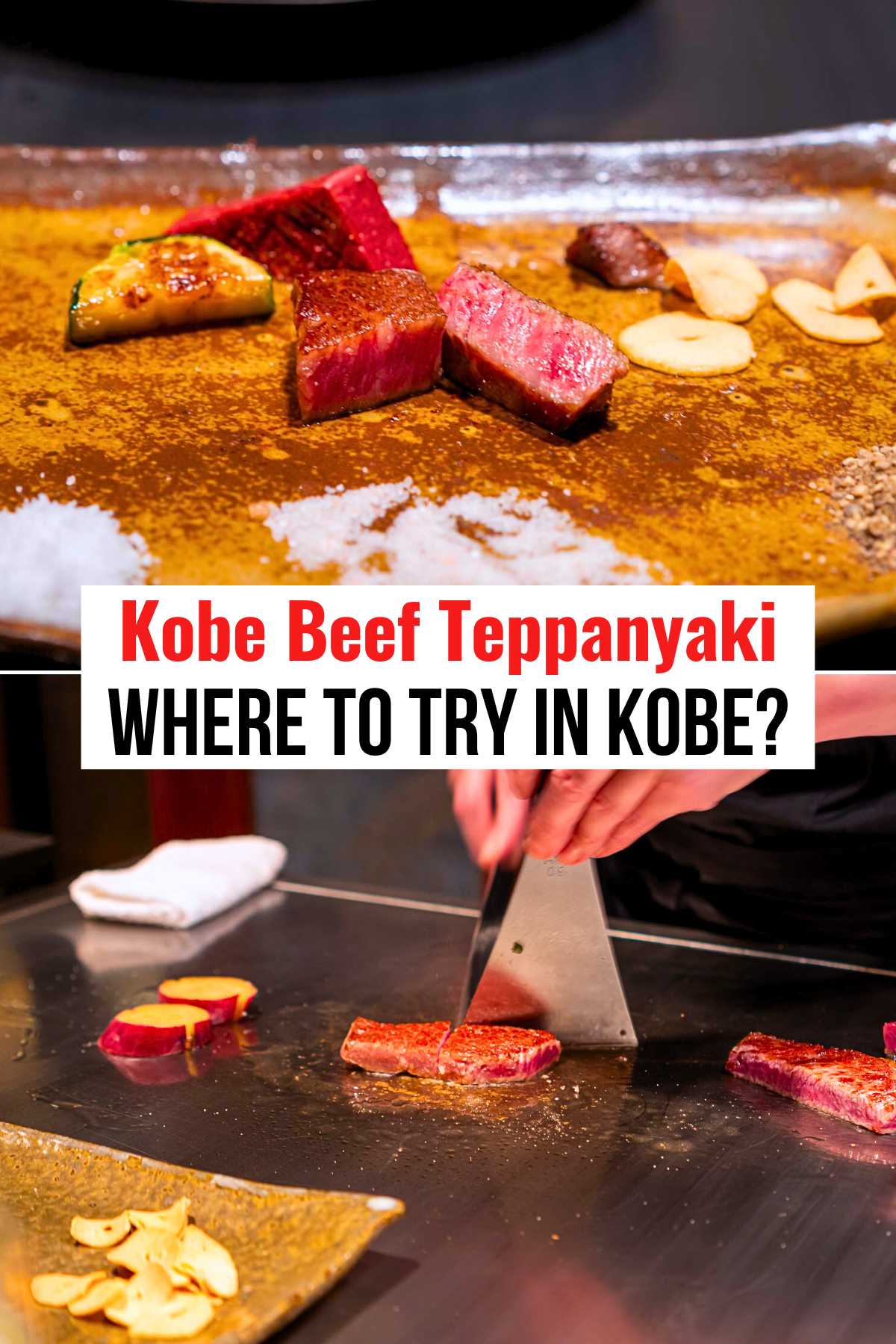 a collage of cooking Kobe beef on teppanyaki in Kobe.