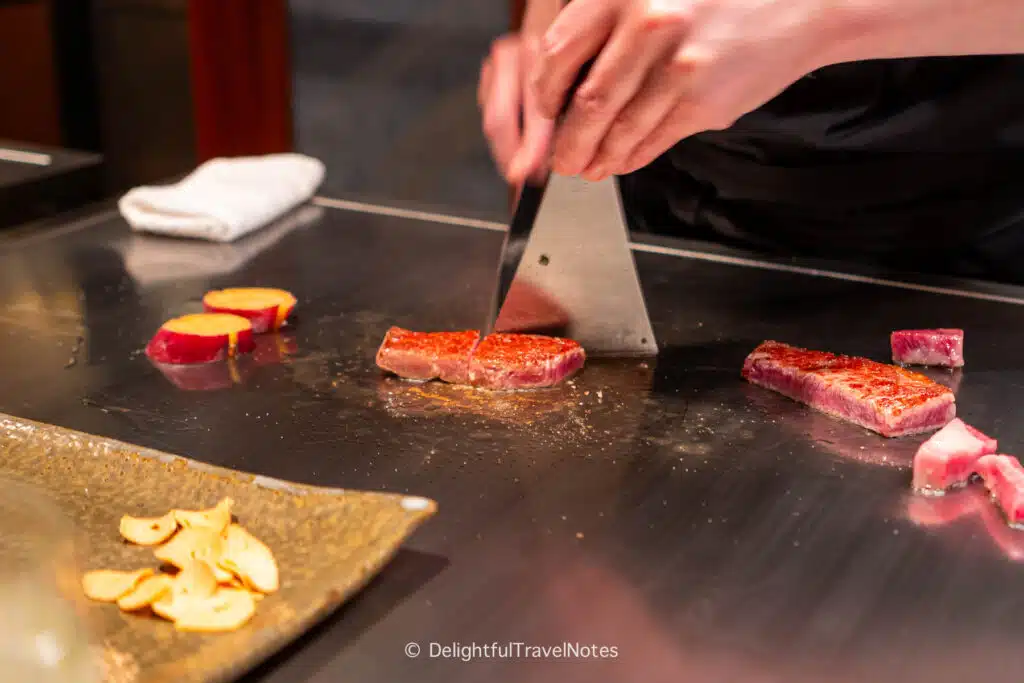 Kobe beef cooked on the teppan in Kobe Beef Steak Ishida restaurant.