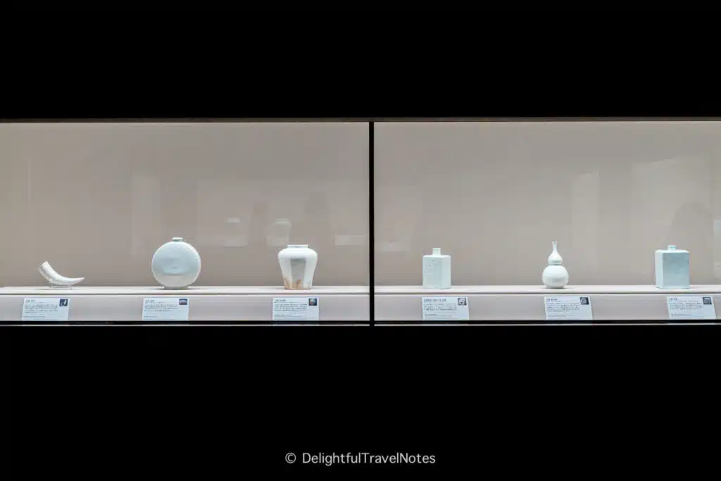 Korean white ceramics in display case at Museum of Oriental Ceramics Osaka.