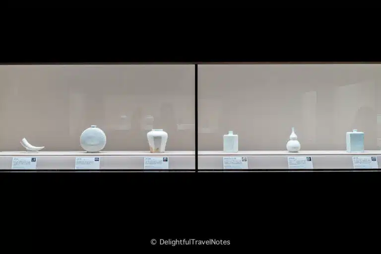 Korean white ceramics in display case at Museum of Oriental Ceramics Osaka.