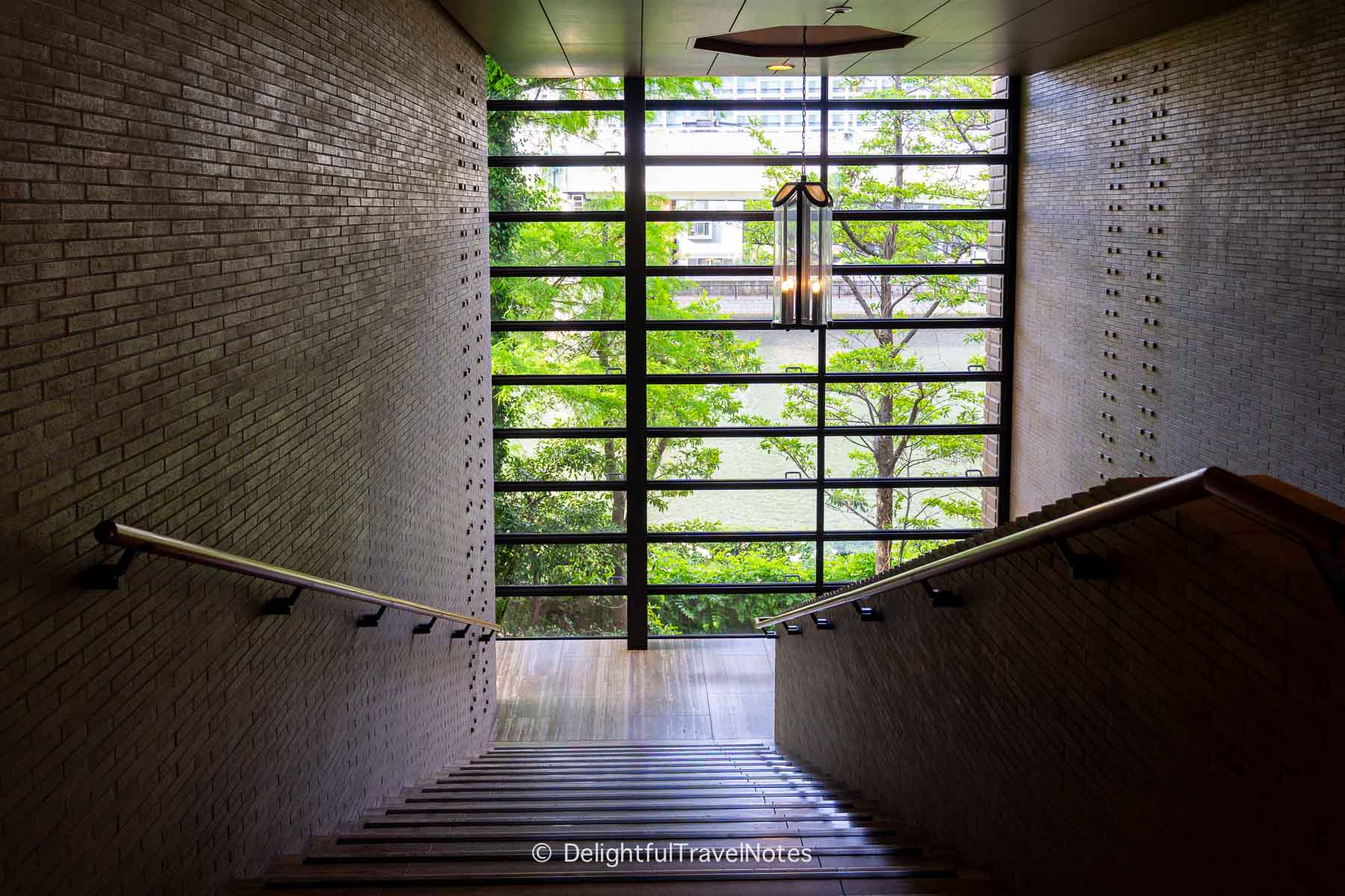 a staircase overlooking Nakanoshima Park in Museum of Oriental Ceramics Osaka.