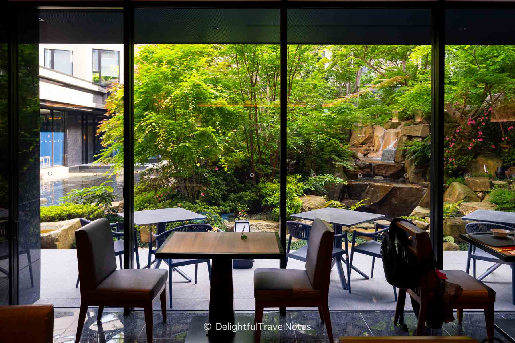 a table overlooking garden in Hotel Sanraku Kanazawa.