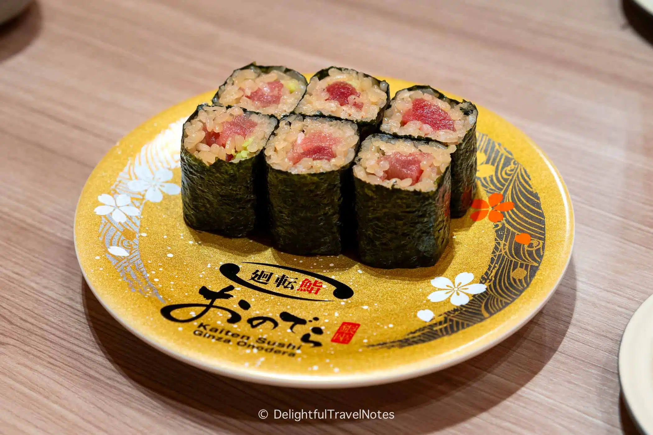 Tuna sushi rolls at Kaiten Sushi Ginza Onodera.