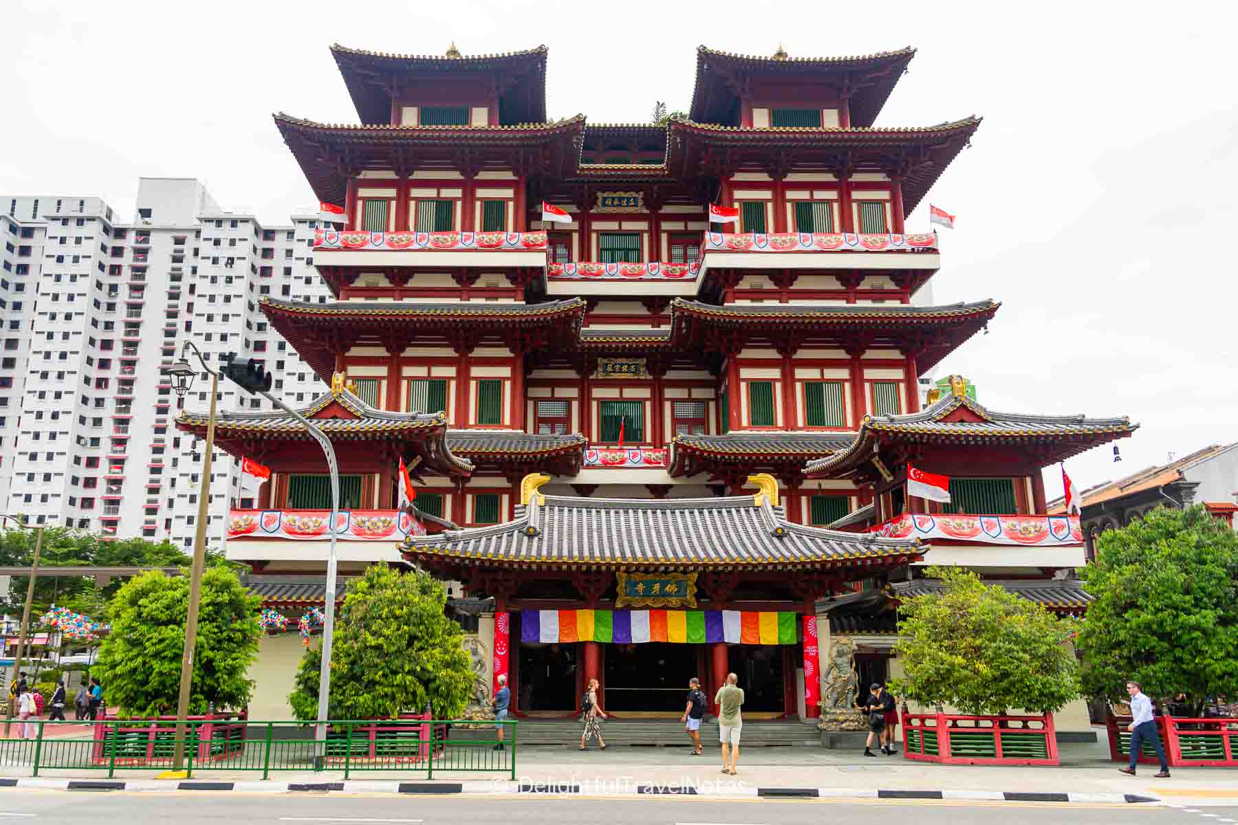 the facade of Buddha Tooth Relic Temple in Chinatown, Singapore.