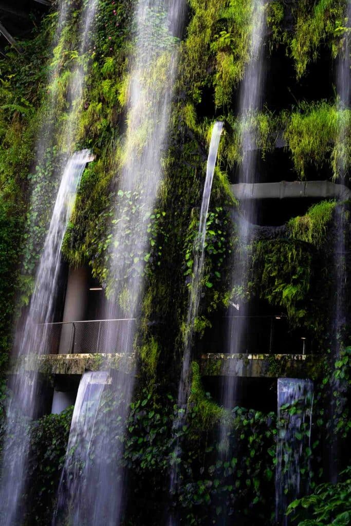 cascading Cloud Forest waterfall Gardens by the Bay in Singapore.