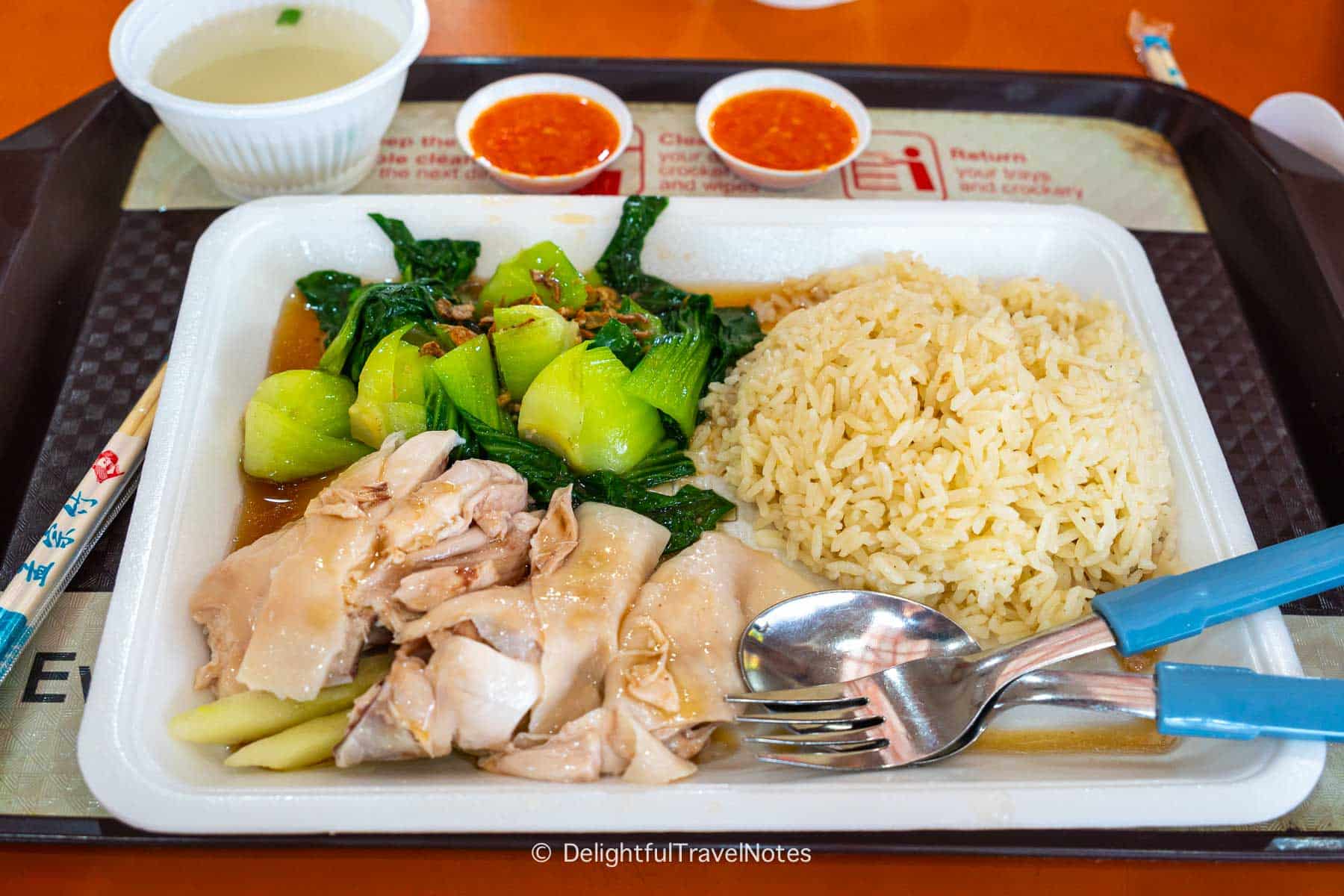 a plate of Haianese Chicken Rice at Ah Tai in Maxwell Food Center with boneless chicken.