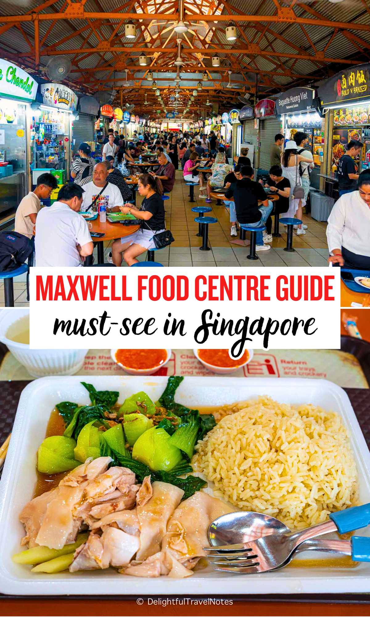 a collage of Maxwell Food Centre stalls in Singapore.