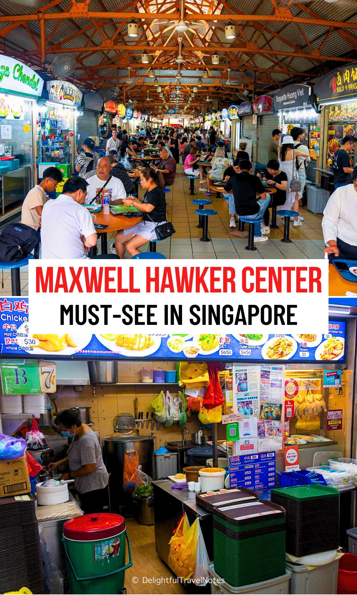 a collage of food stalls at Maxwell hawker center in Singapore.