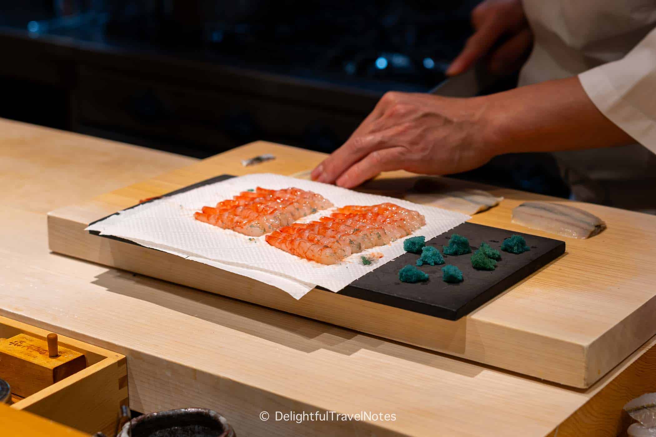 sweet shrimp on the sushi counter at Sushi Issei Kanazawa.