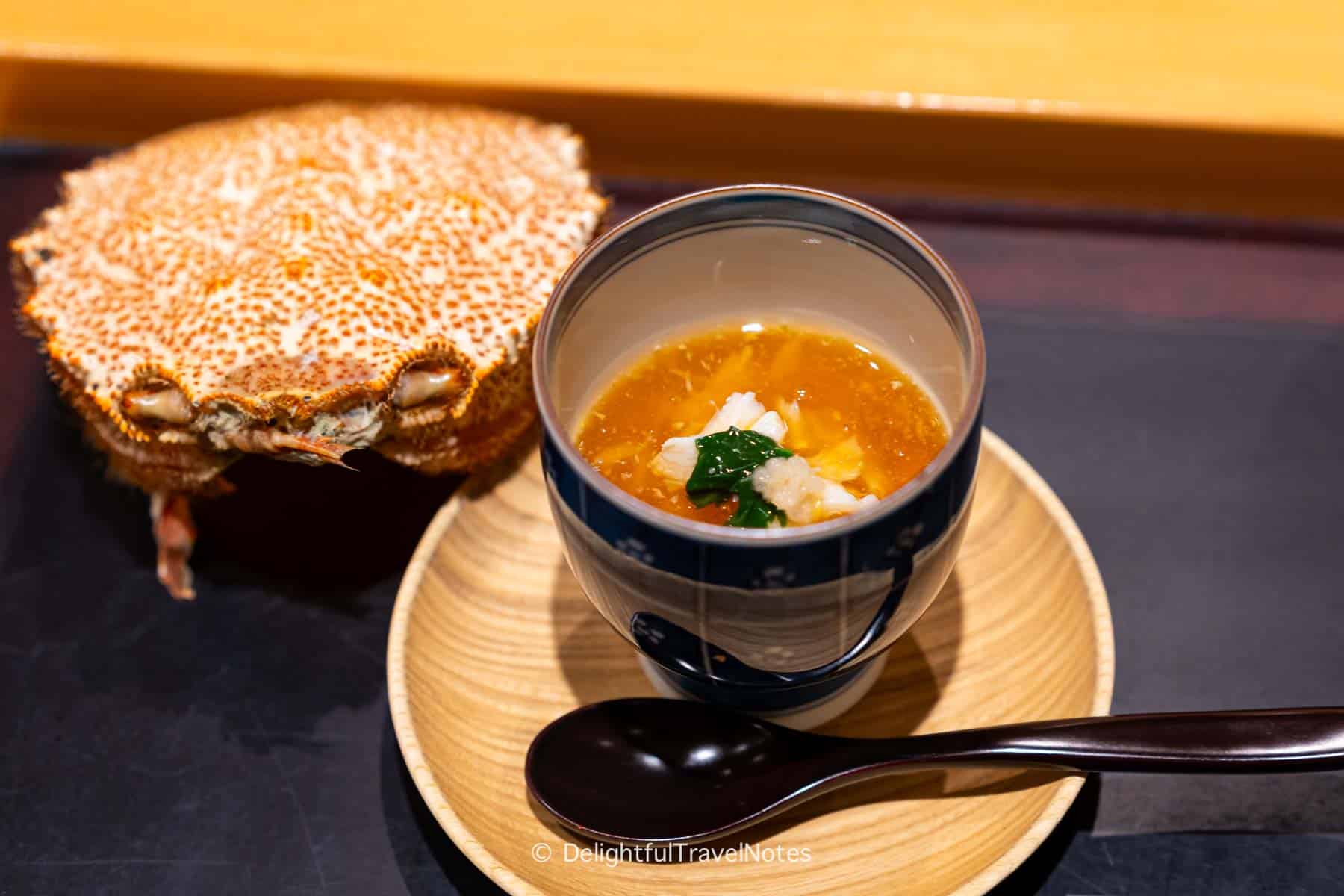 a small bowl of Hairy crab chawanmushi at Sushi Issei in Kanazawa.