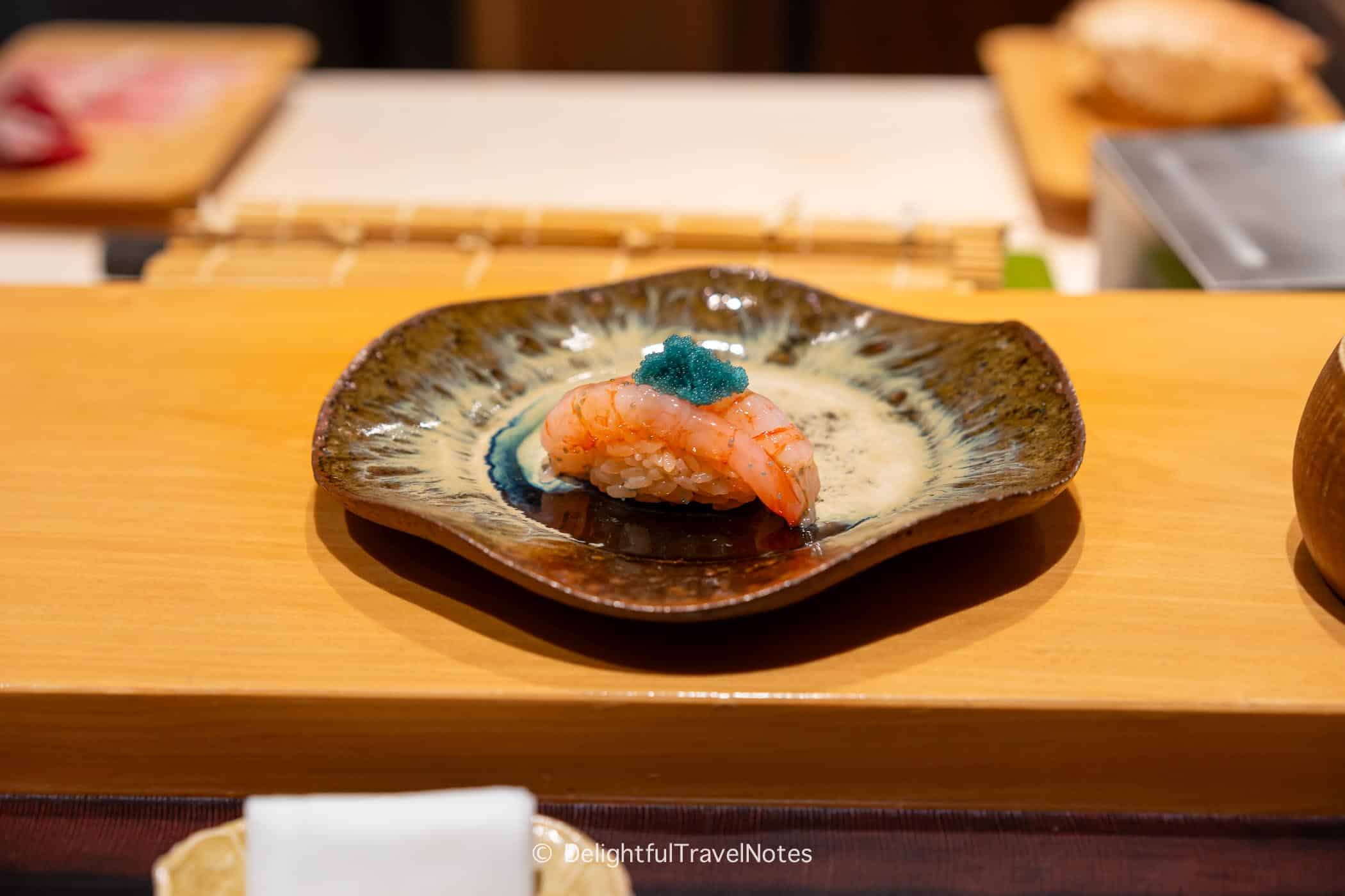 sweet shrimp amaebi nigiri served at Sushi Issei in Kanazawa, very good value for money omakase.