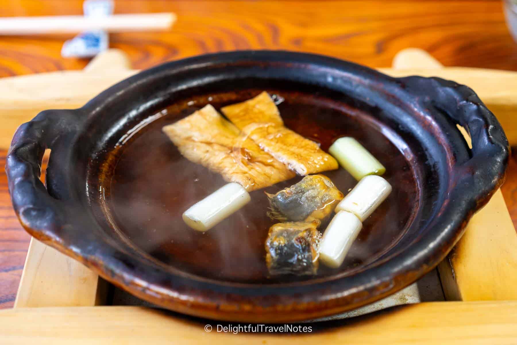 a pot of unabe (eel hotpot) at Warajiya restaurant in Kyoto.