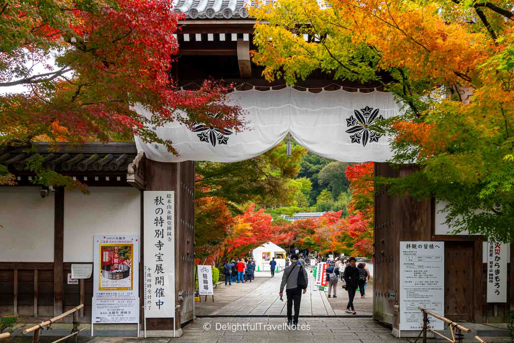 Eikan-do temple main gate framed by fall foliage.