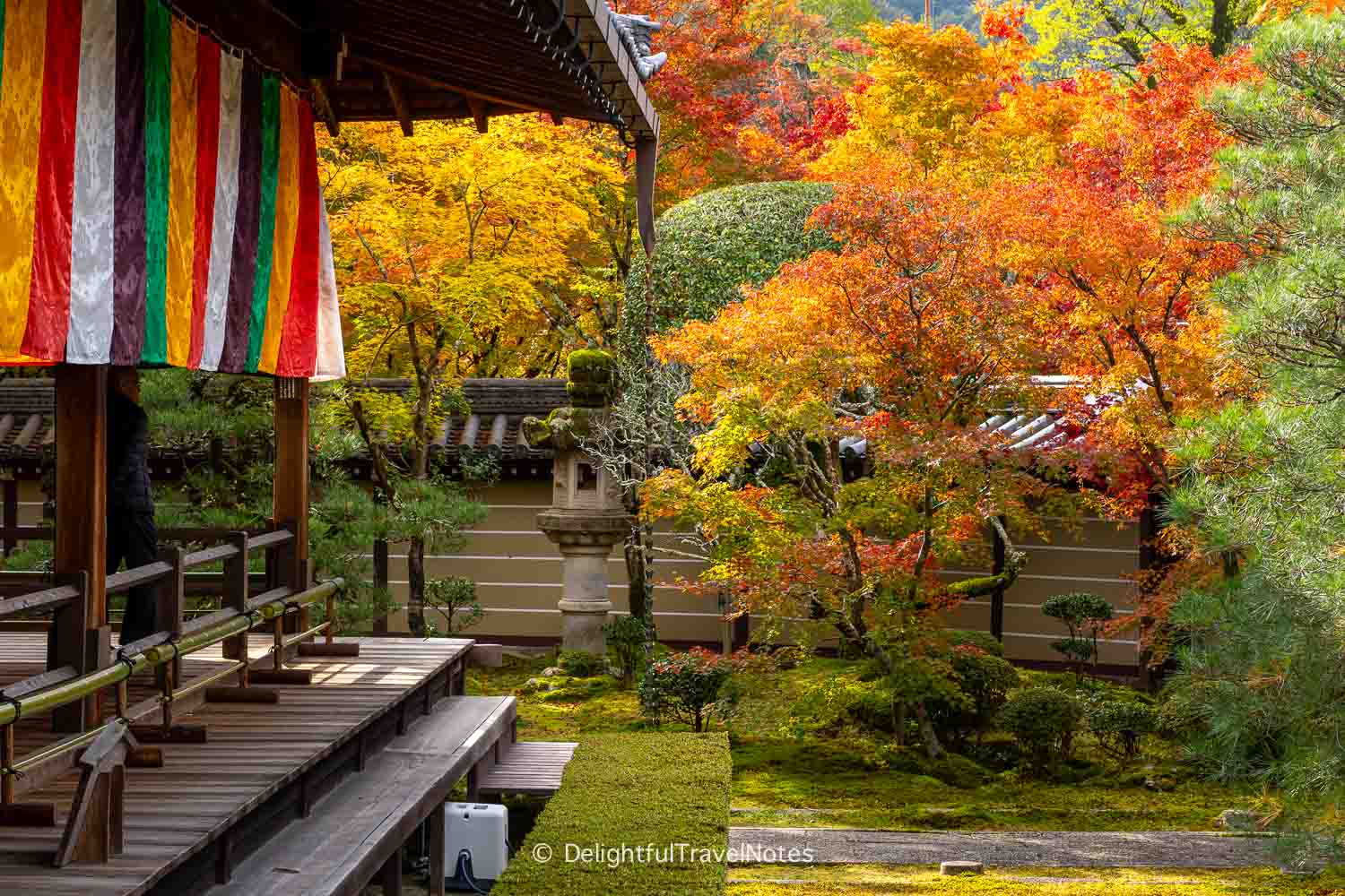 view of a courtyard garden with vibrant fall colors at Eikan-do temple.