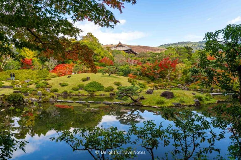 Fall foliage around the pond at Isuien Garden in Nara.