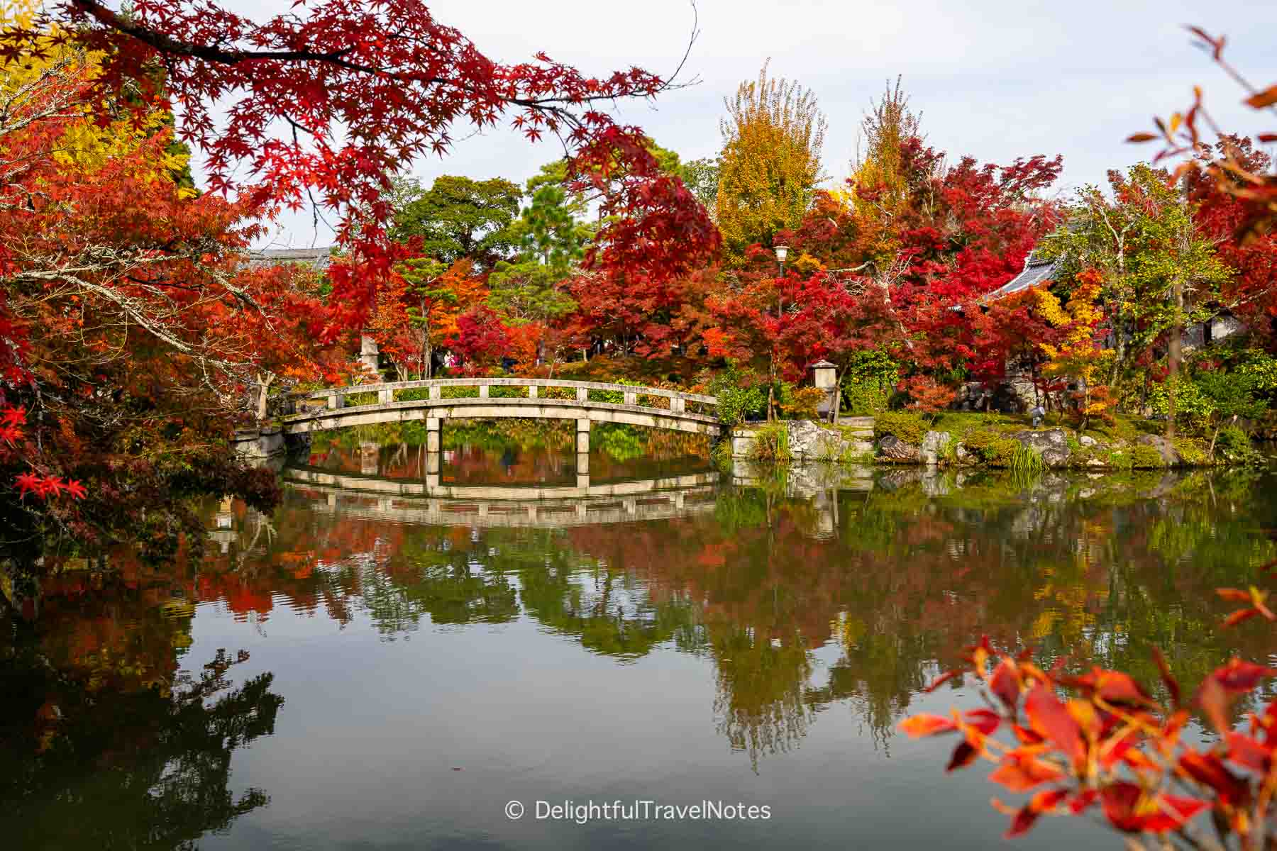 Hojo-ike pond and bridge reflection with fall colors at Eikando temple in Kyoto during daytime.