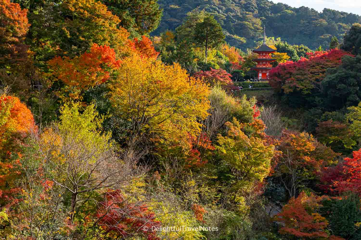 view of Koyasu pagoda with beautiful fall foliage at Kiyomizu-dera temple in Kyoto.