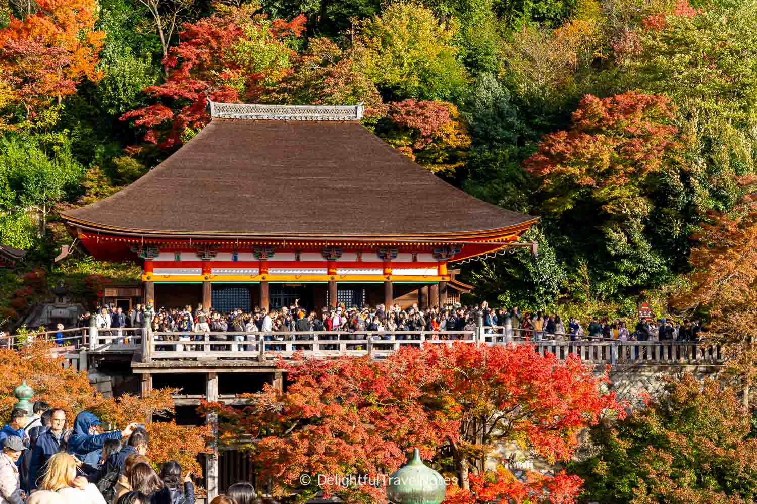 view of Okunoin Hall with fall colors Kiyomizu-dera in Kyoto.