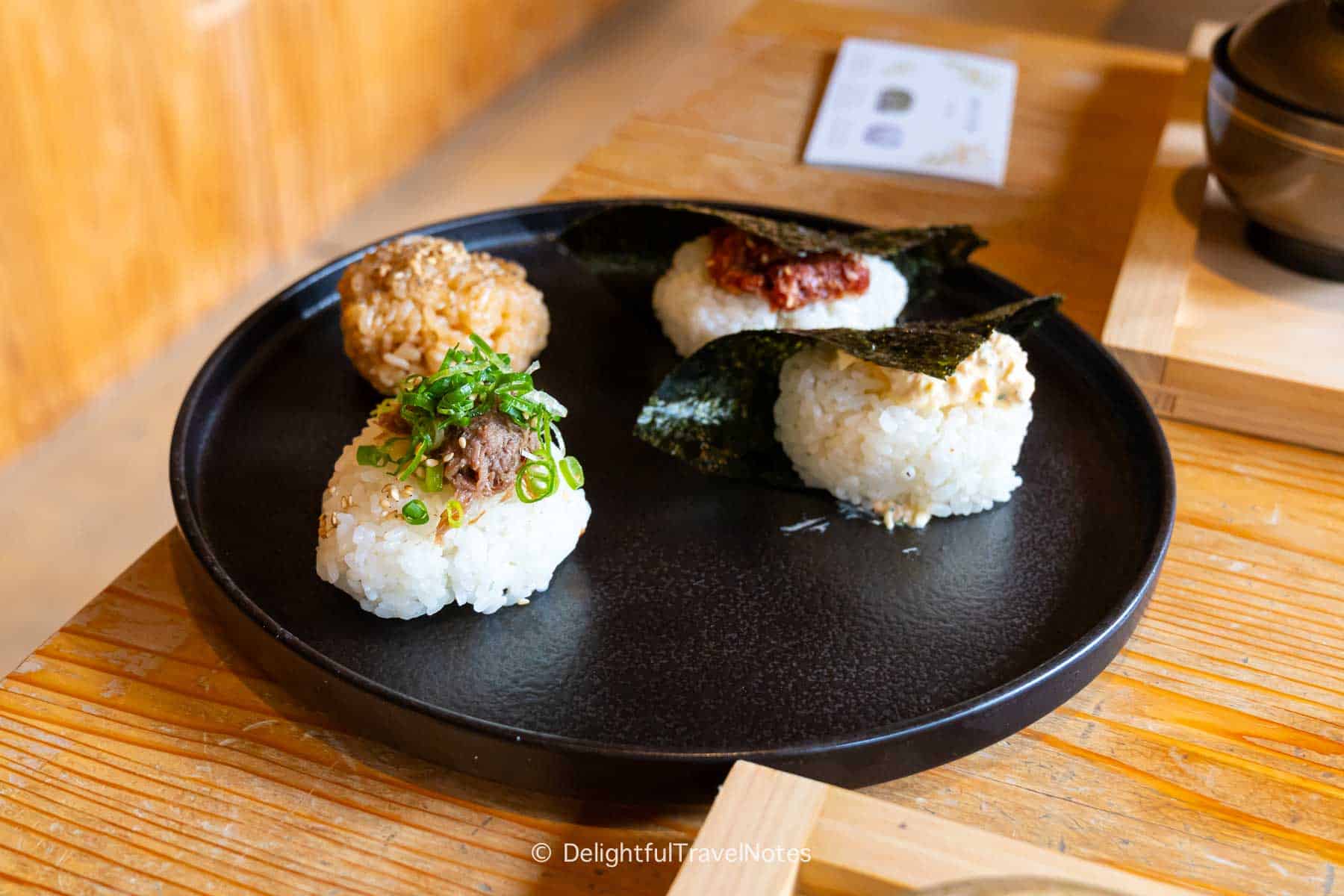 a tray of onigiri rice balls in breakfast at Hotel Setre Naramachi.