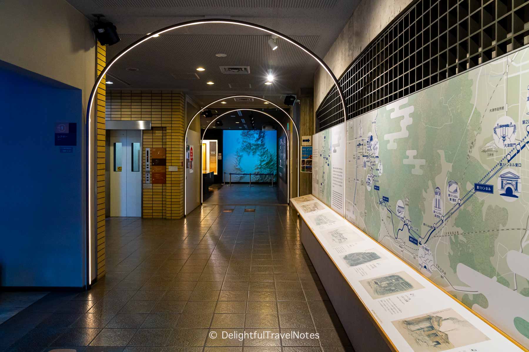 hallway to exhibit rooms inside Lake Biwa Canal Museum, a hidden gem in Kyoto.