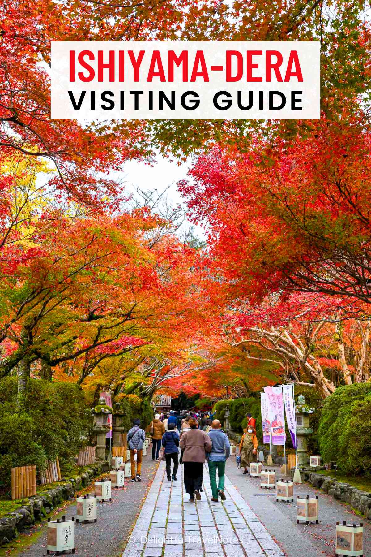 Entrance approach of Ishiyama-dera with fiery fall foliage.