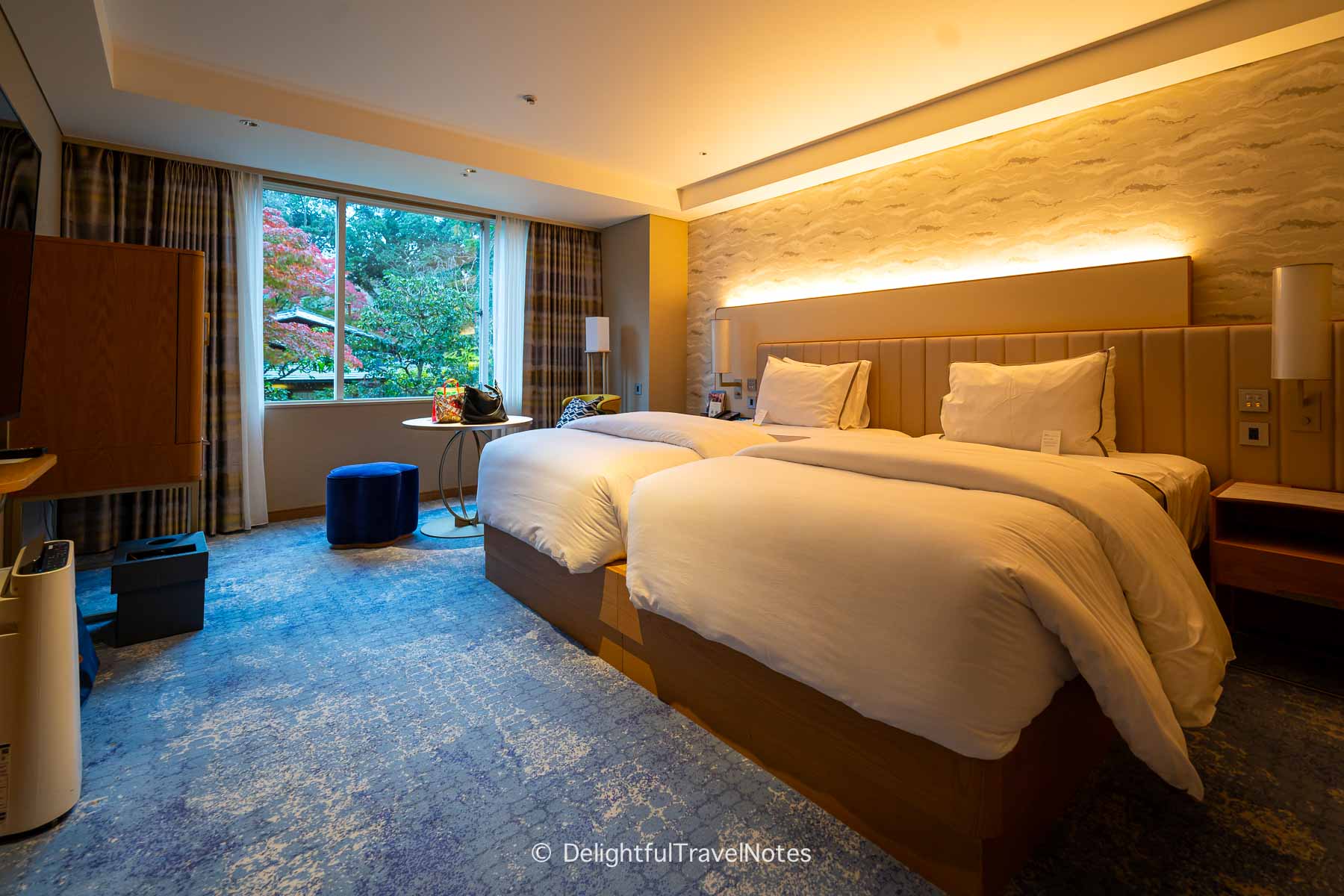 Sleeping area in deluxe twin room at The Westin Miyako Kyoto Hotel, one of the best hotels in Kyoto.