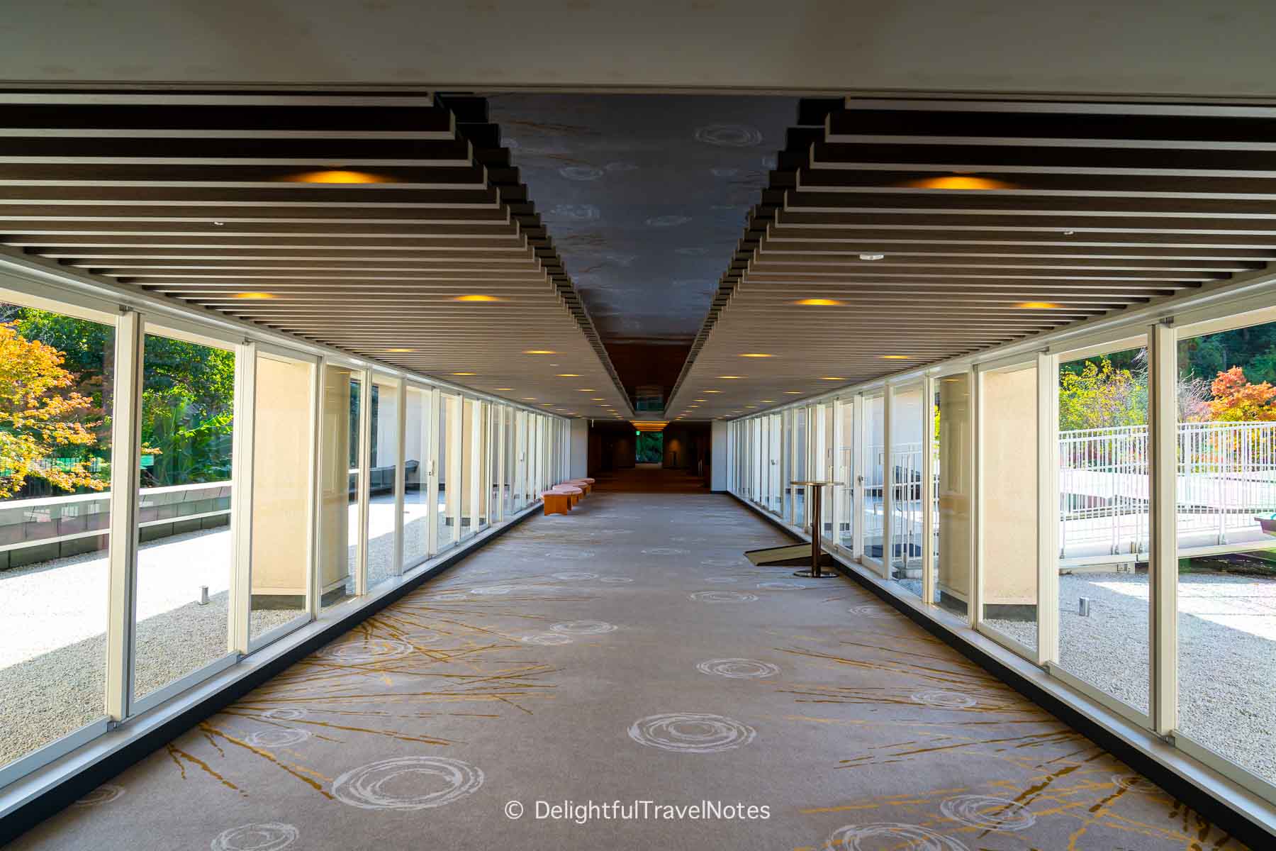 Walking corridor to onsite gardens at The Westin Miyako Kyoto Hotel.