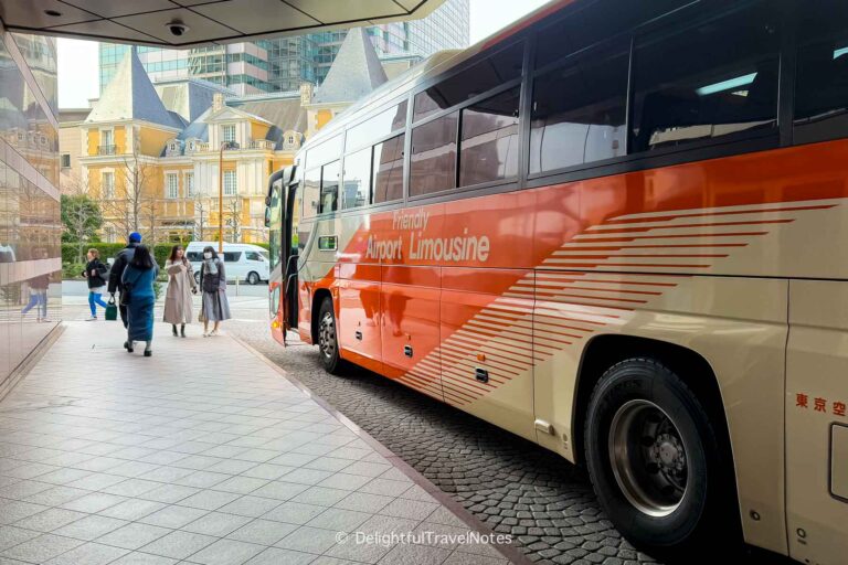 an Airport Limousine Bus stopping outside the Westin Tokyo Hotel to pick up passengers for Narita Airport.