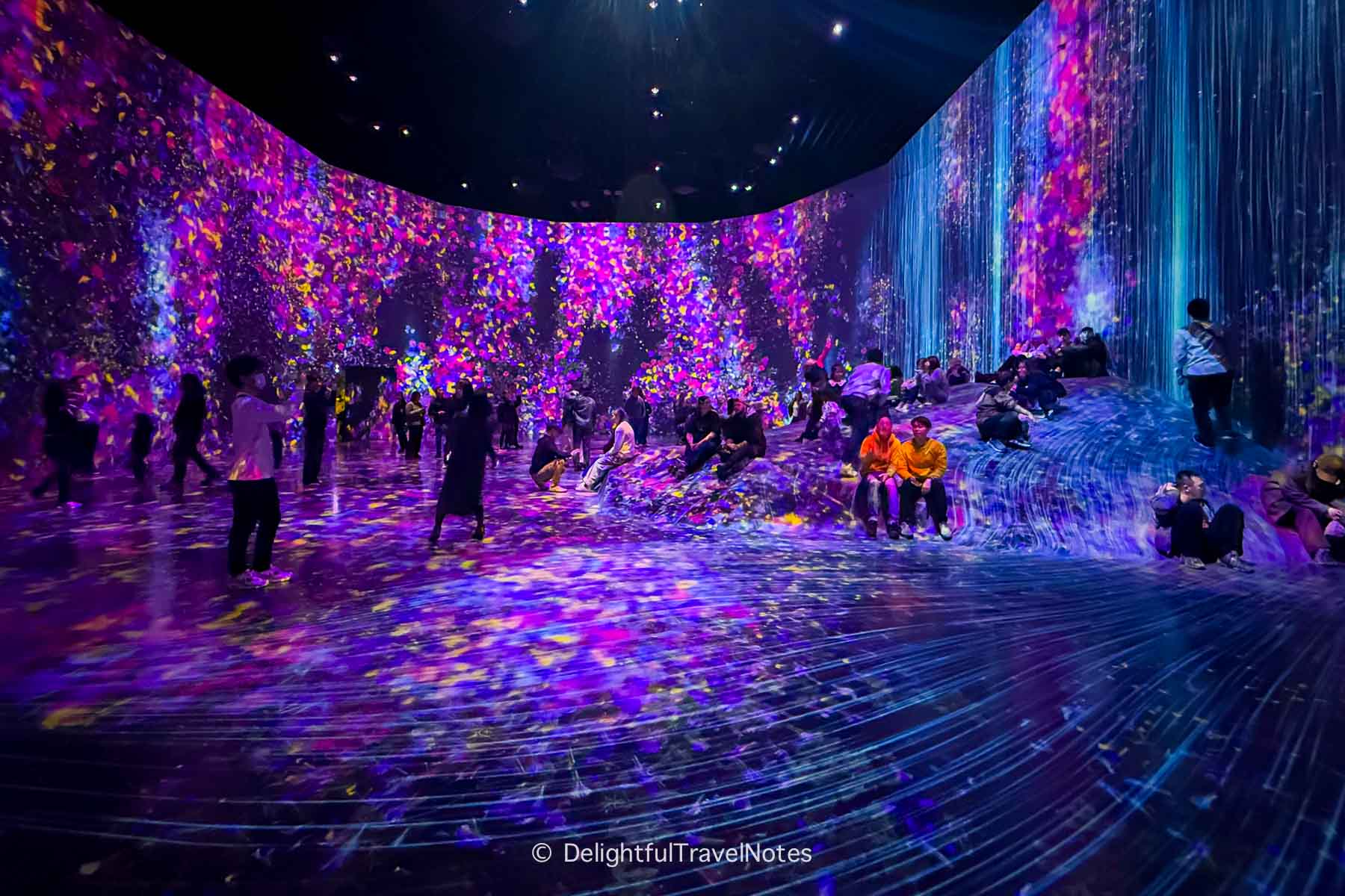 People gathering in the oasis room at Teamlab Borderless in Tokyo.