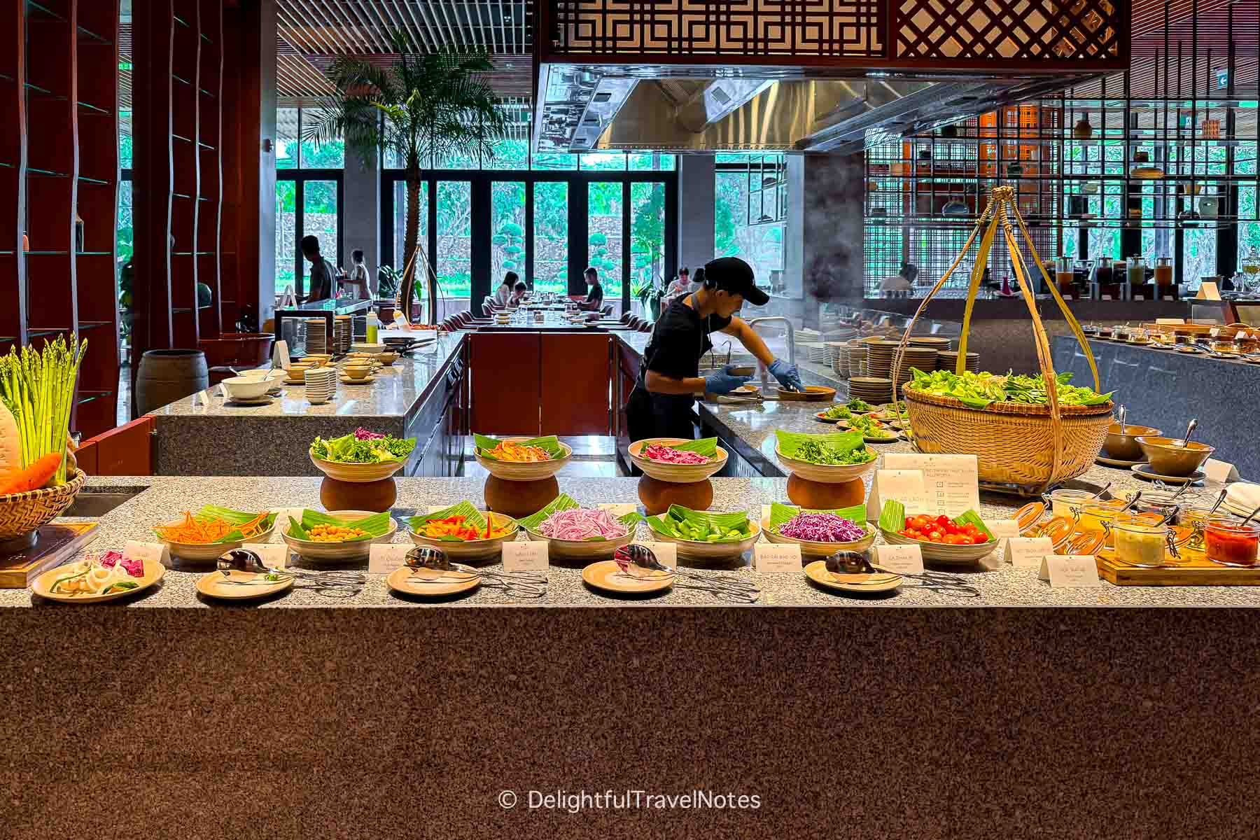 Food stations at breakfast buffet JW Marriott Cam Ranh.
