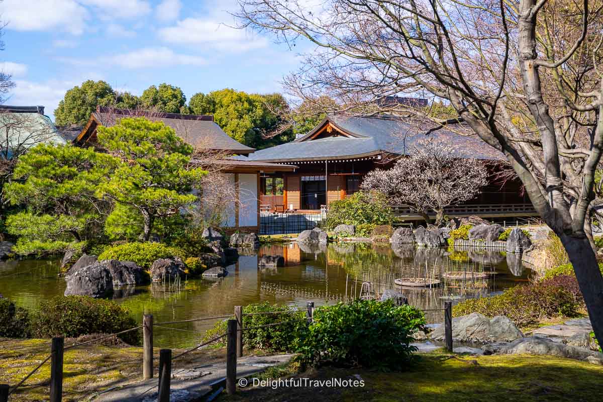 Japanese style pond garden at Jonan-gu Shrine in Kyoto.