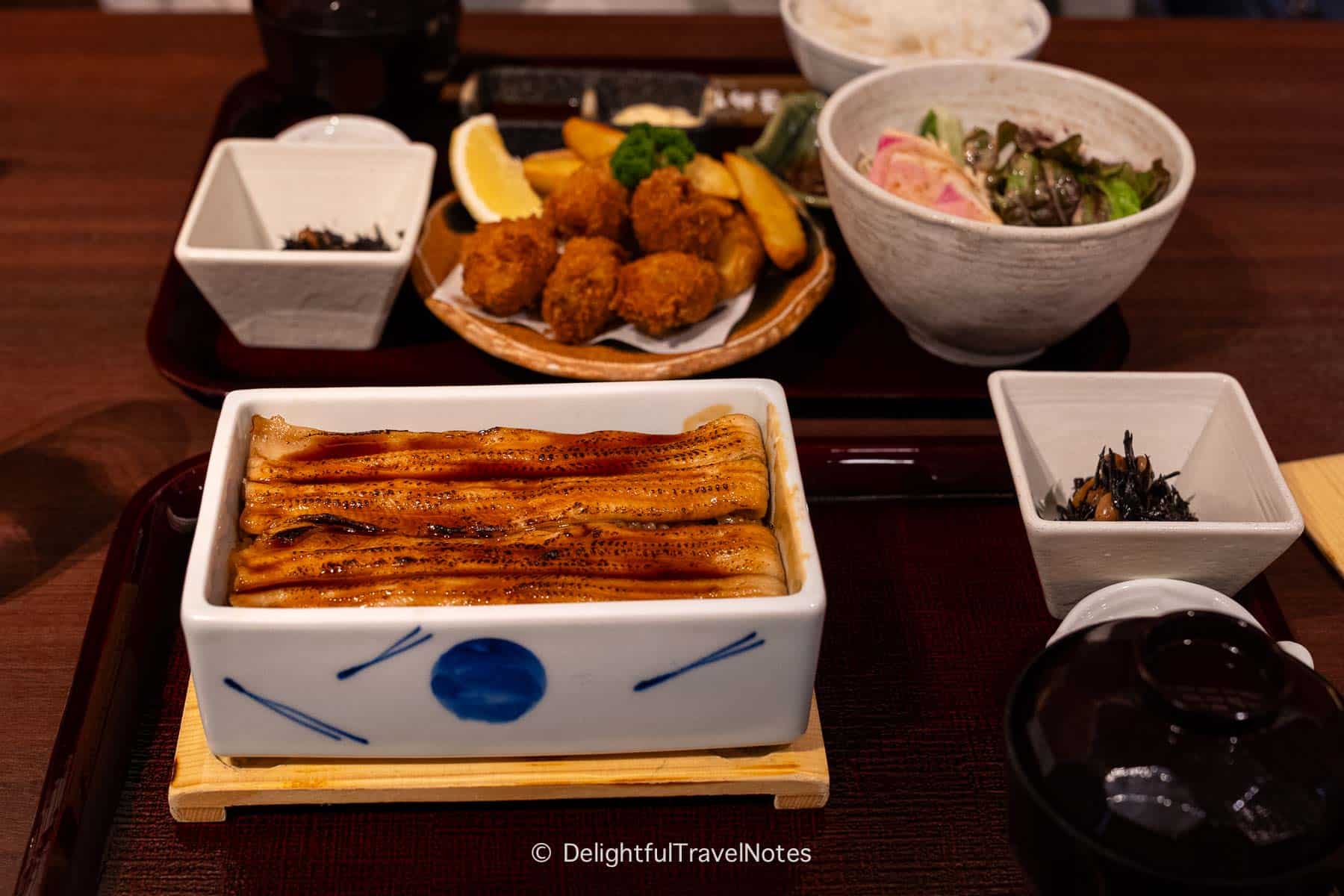 Anago meshi set meal at Mametanuki restaurant, Miyajima Island.