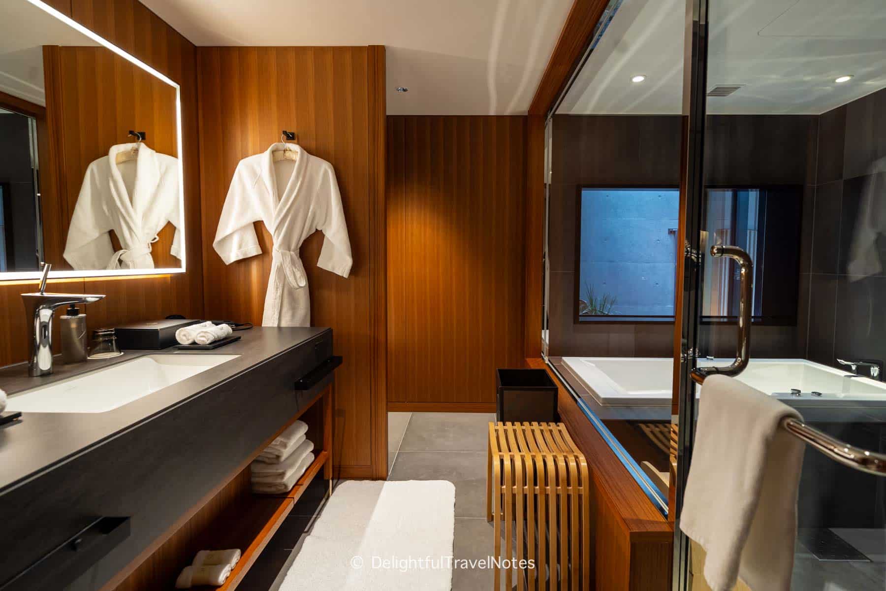 Spacious bathroom in deluxe room at The Hiramatsu Kyoto Hotel.