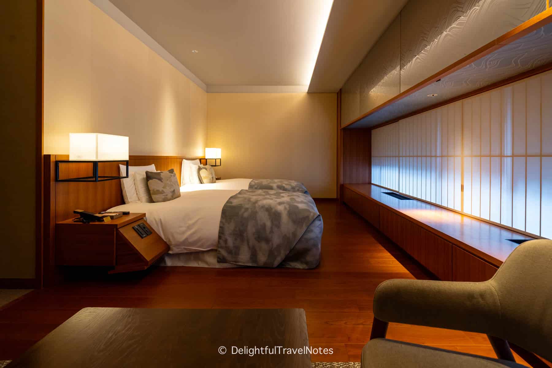 Deluxe twin beds in the room at The Hiramatsu Kyoto.