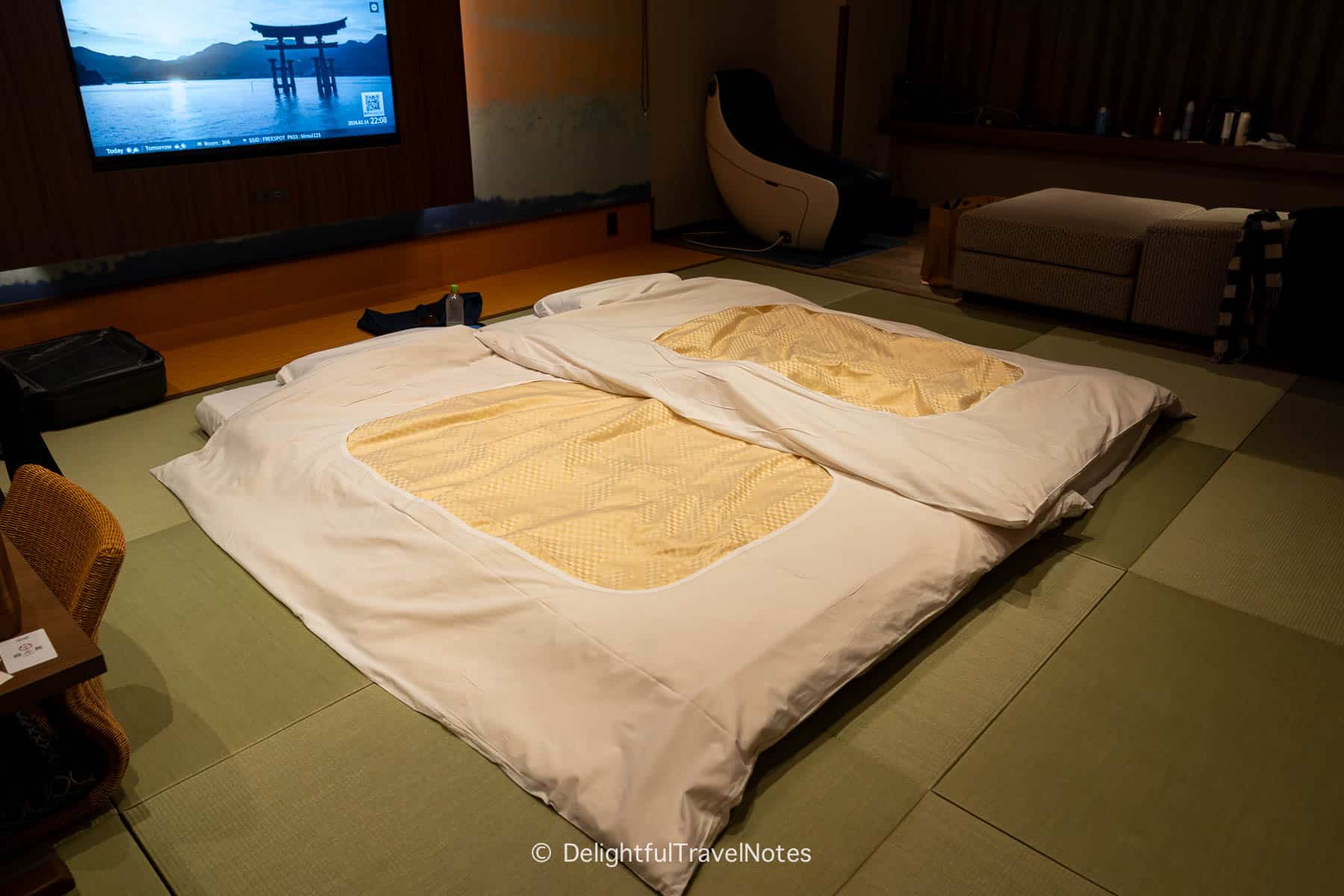 Futons laid on tatami in Mizuori room, Kinsuikan Miyajima ryokan