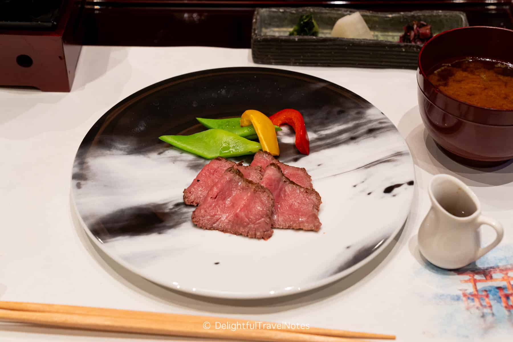 a plate of Hiroshima roast beef in kaiseki dinner, Kinsuikan Miyajima.