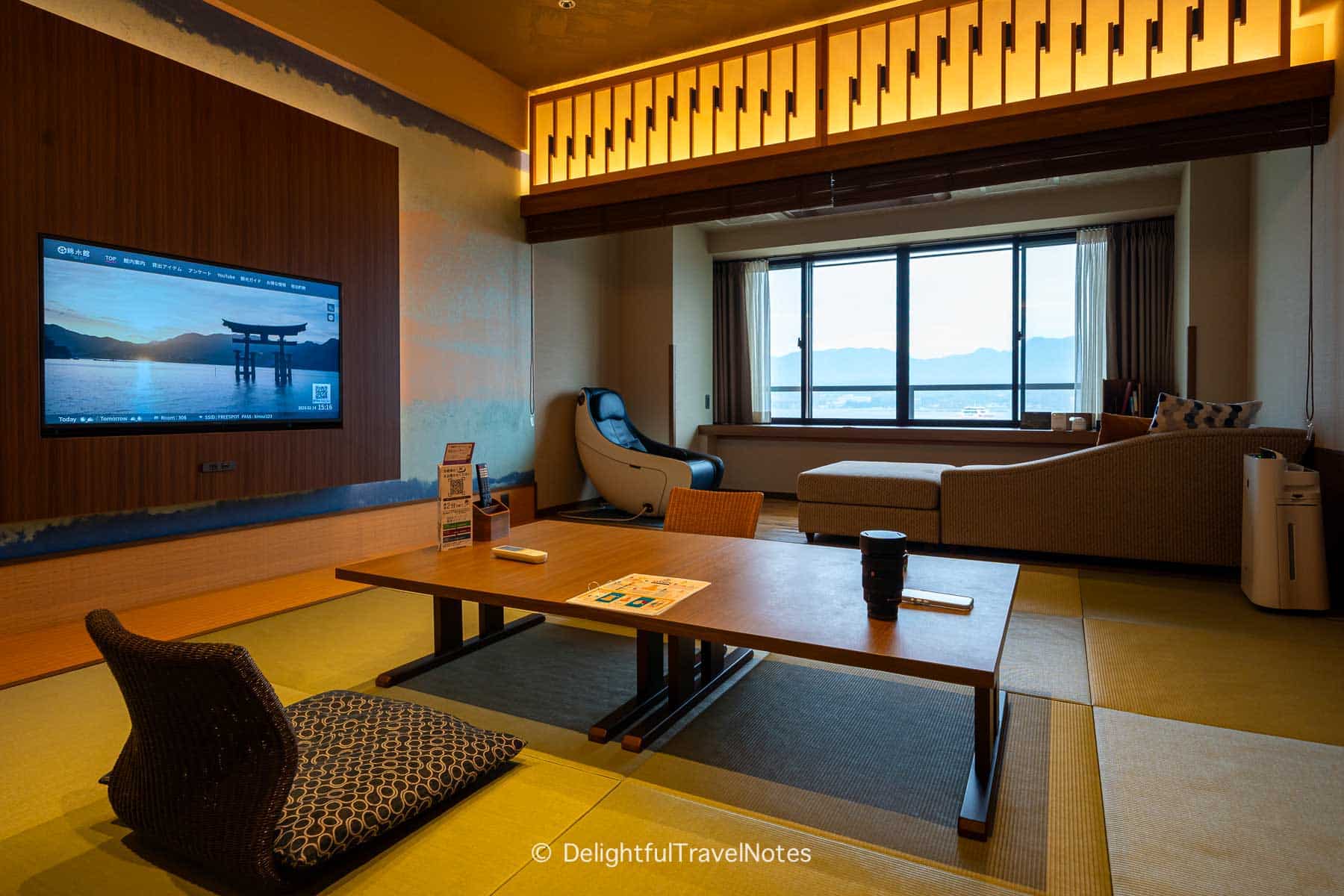 Low table and chairs in Mizuori room, Kinsuikan ryokan on Miyajima Island.