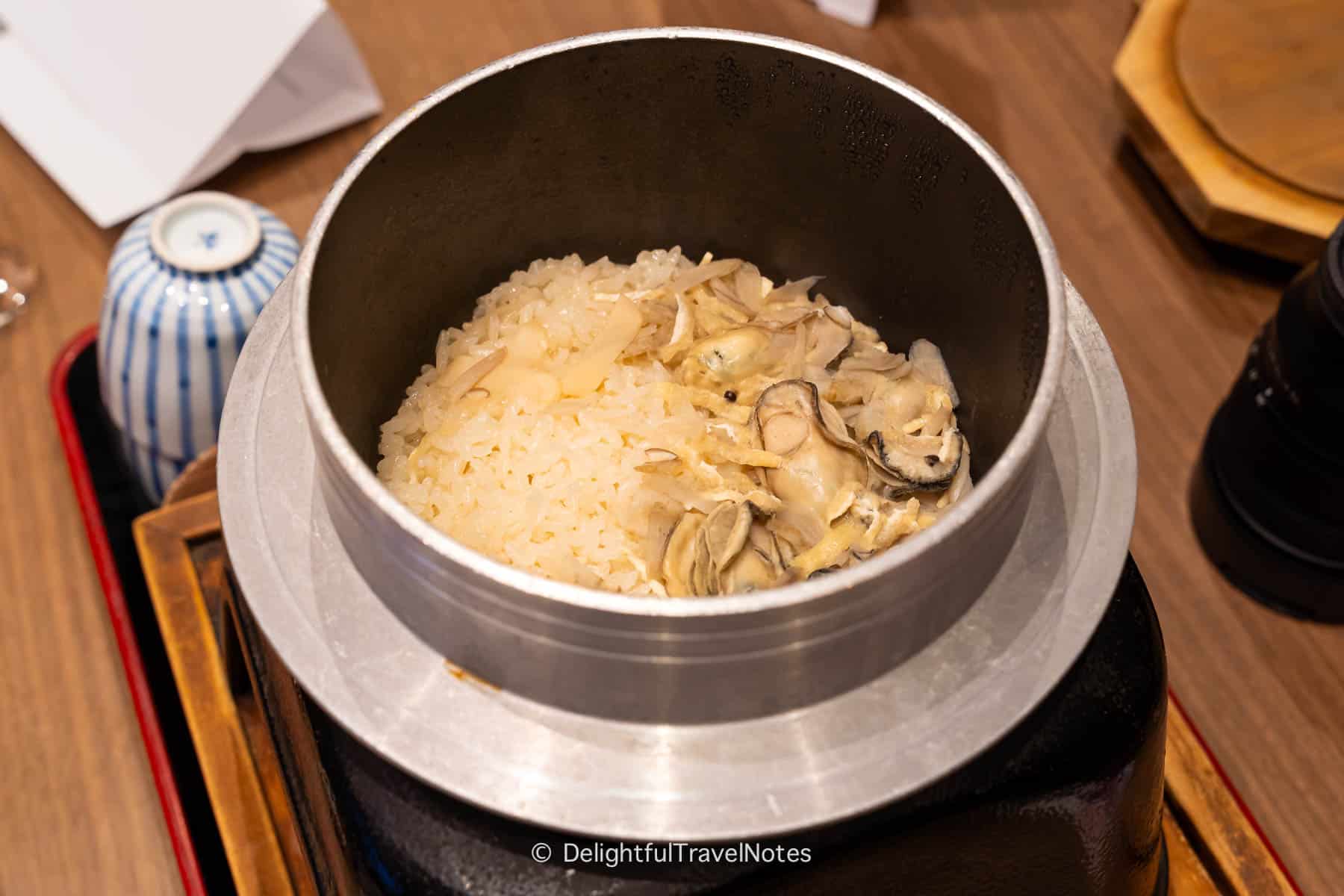 Oyster rice in kaiseki dinner Kinsuikan Miyajima ryokan.