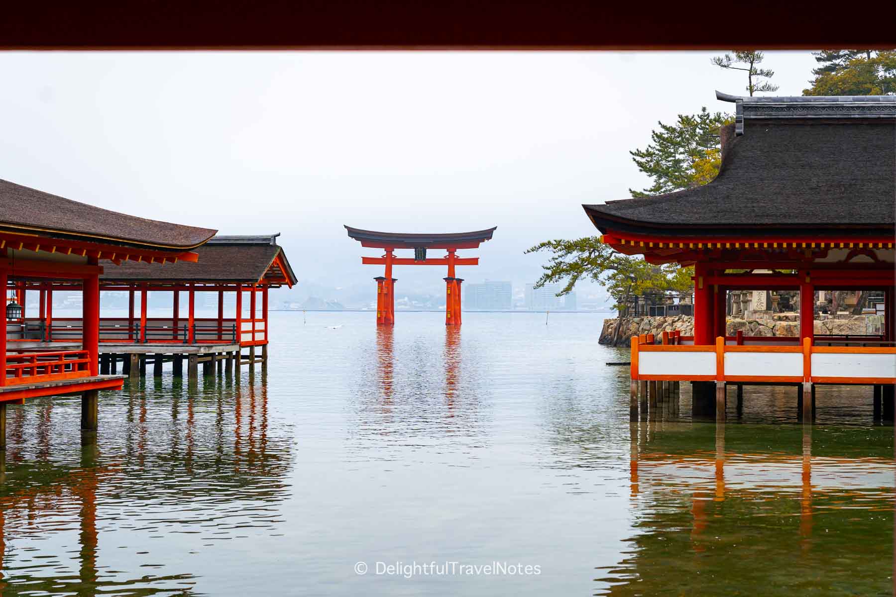 the floating torii gate at Itsukushima Shrine on Miyajima Island during high tide early morning.